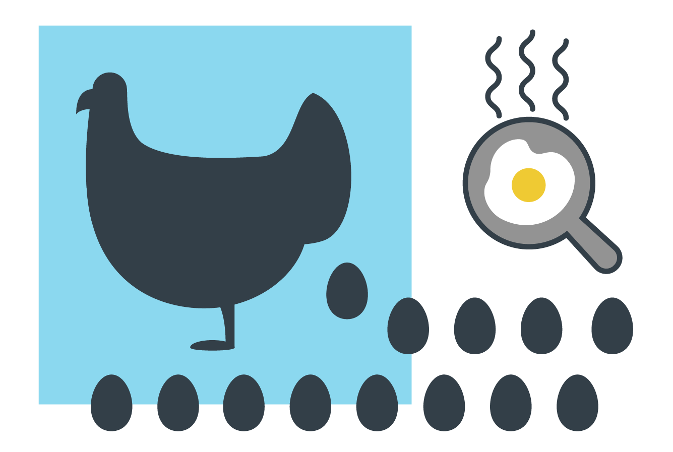 chicken laying eggs with fried egg to the right