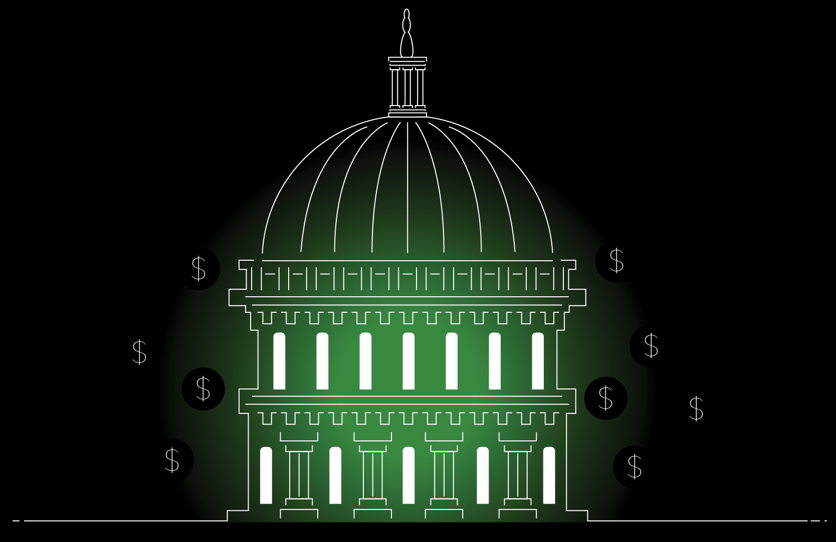 Government-looking structure with dollar signs