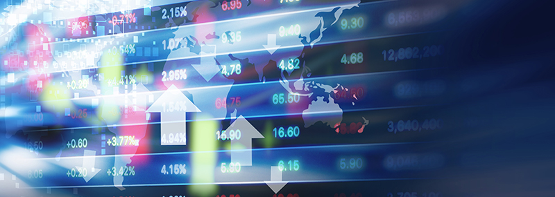 Decorative graphic showing an abstract image of a stock ticker overlaid with arrows pointing up and down. 