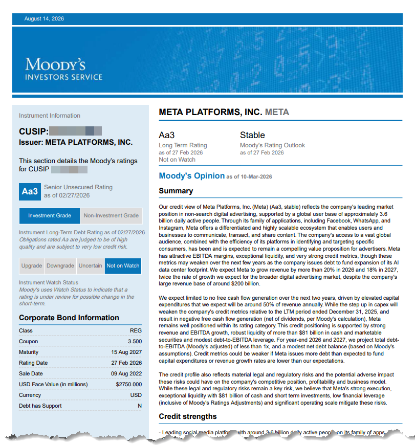 Sample image of a research report provided by Moody's Investors Services. The report is available behind the login and provides information explaining the rationale for the current ratings, along with rationale for any potential credit event.