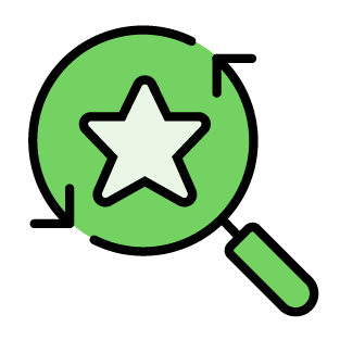 Icon of a magnifying glass and a star, surrounded by two arrows
