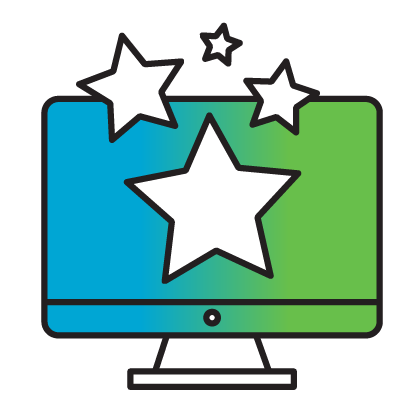 Icon of computer screen with four stars floating out of it