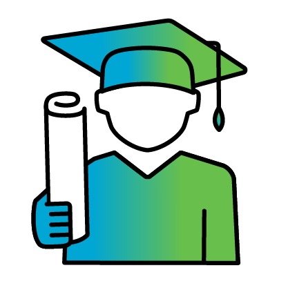 Icon of a person wearing a graduation cap holding a degree