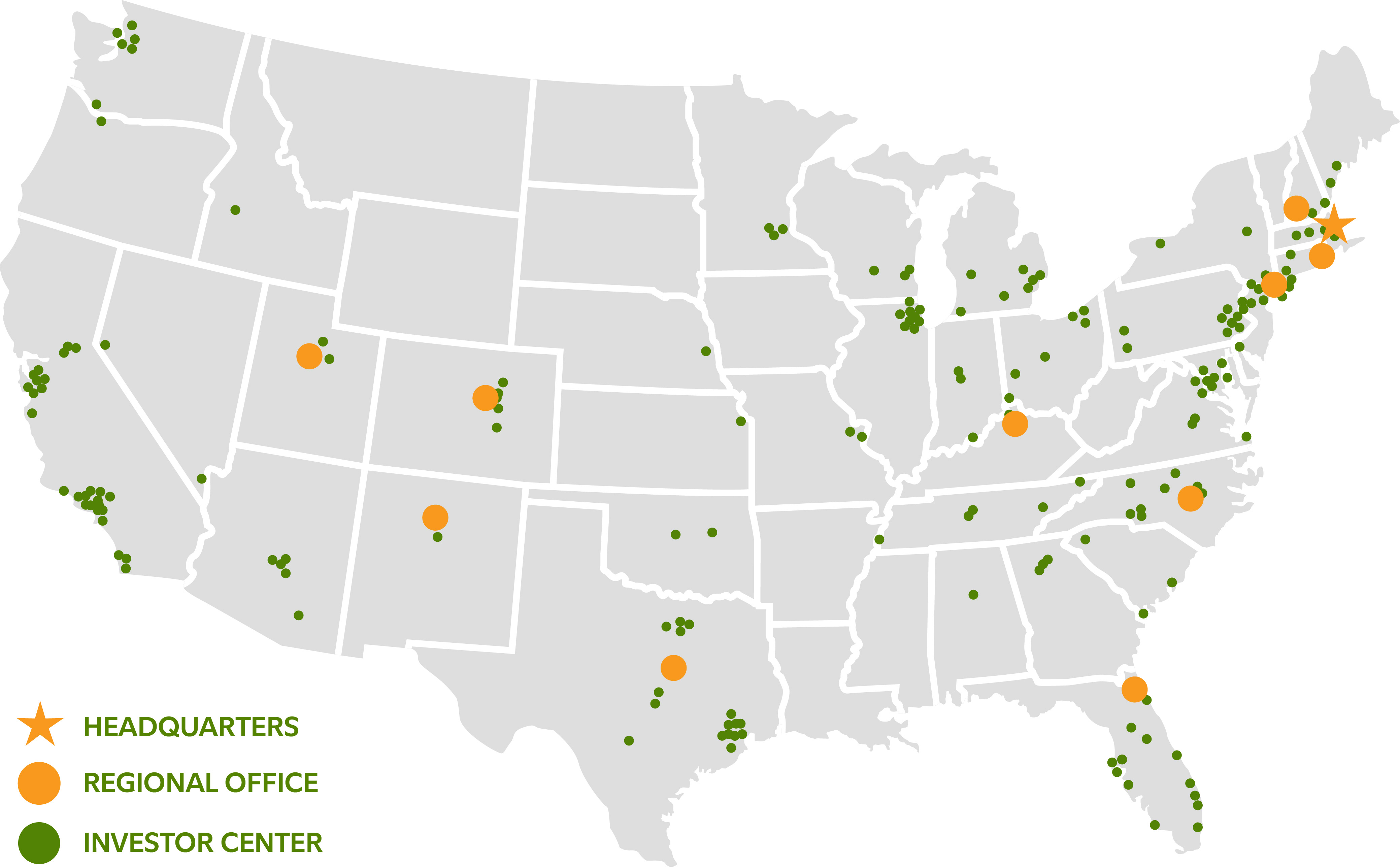 Investor center and regional office locations map in United States