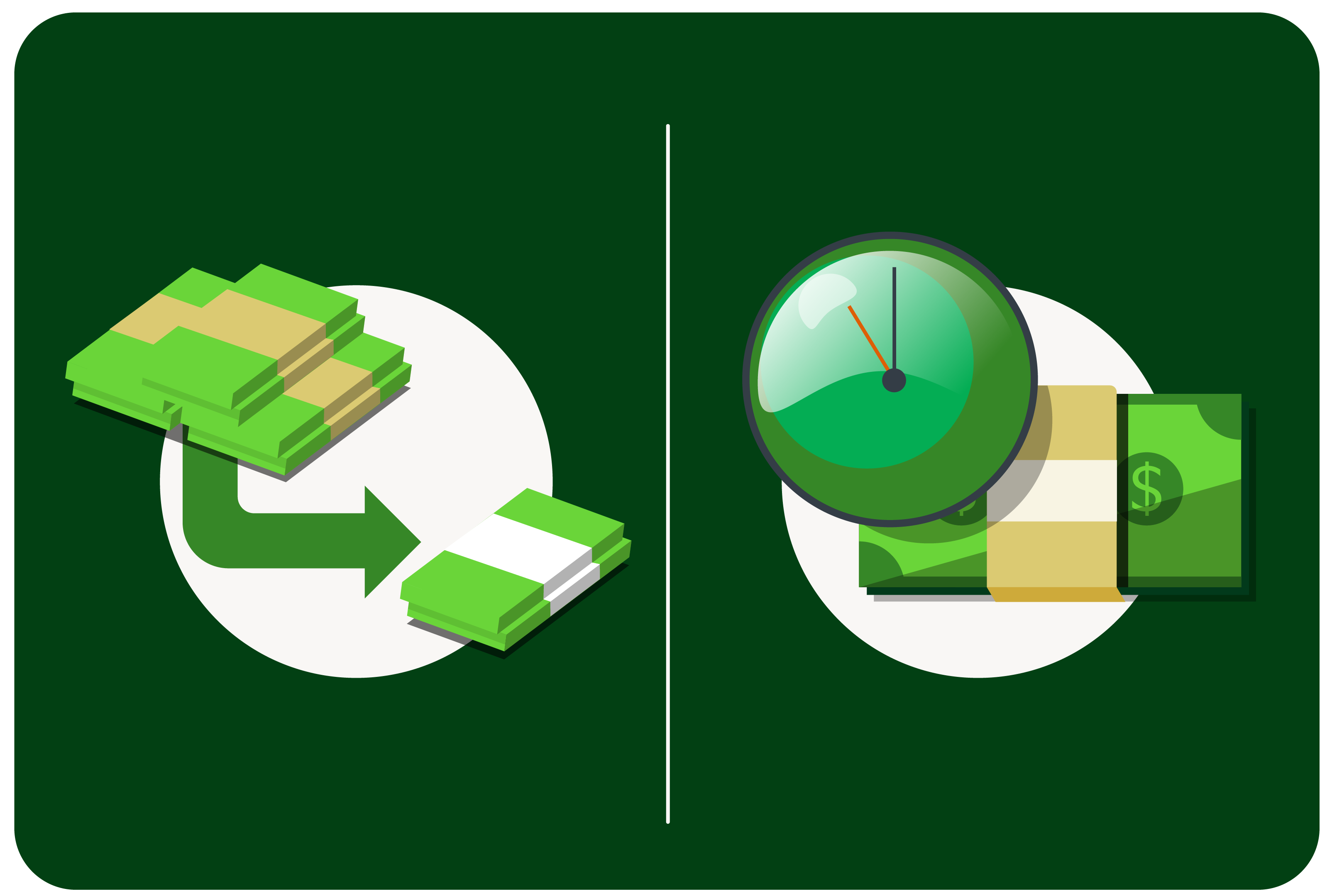 Left side: A stack of money is shown decreasing to a smaller stack of money. Right side: a stack of money is shown with a clock above it.