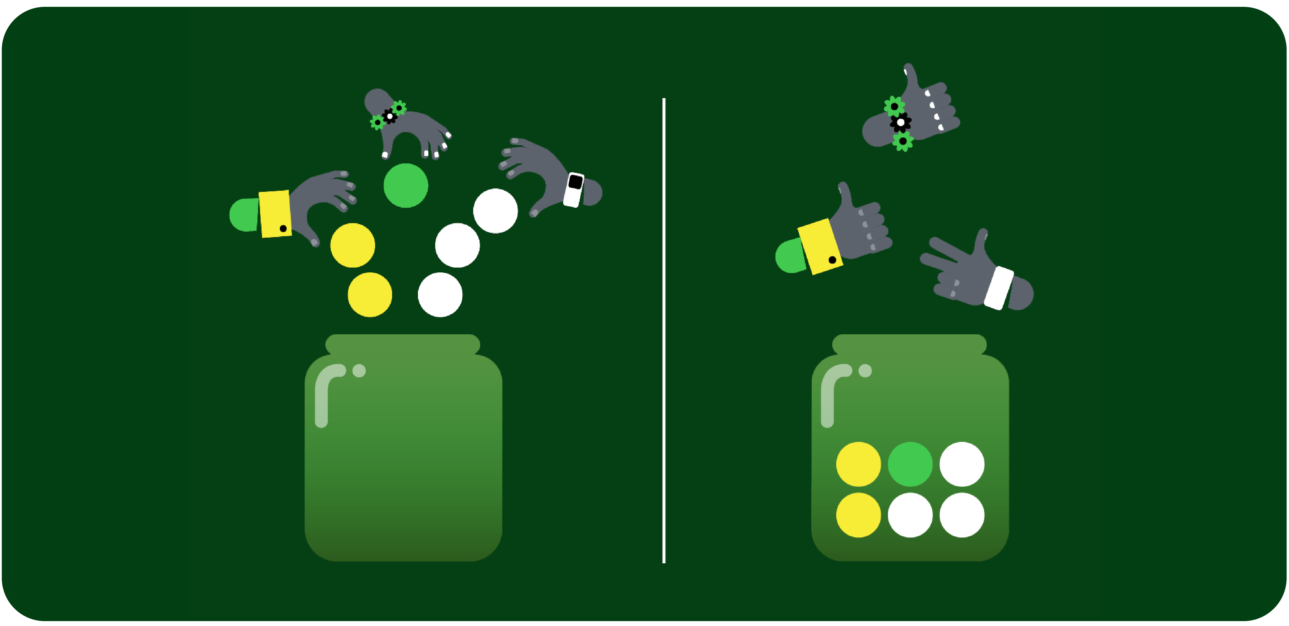 Diagram showing different colored crypto coins being treated equally, with a hand selecting one coin to place in a single group.