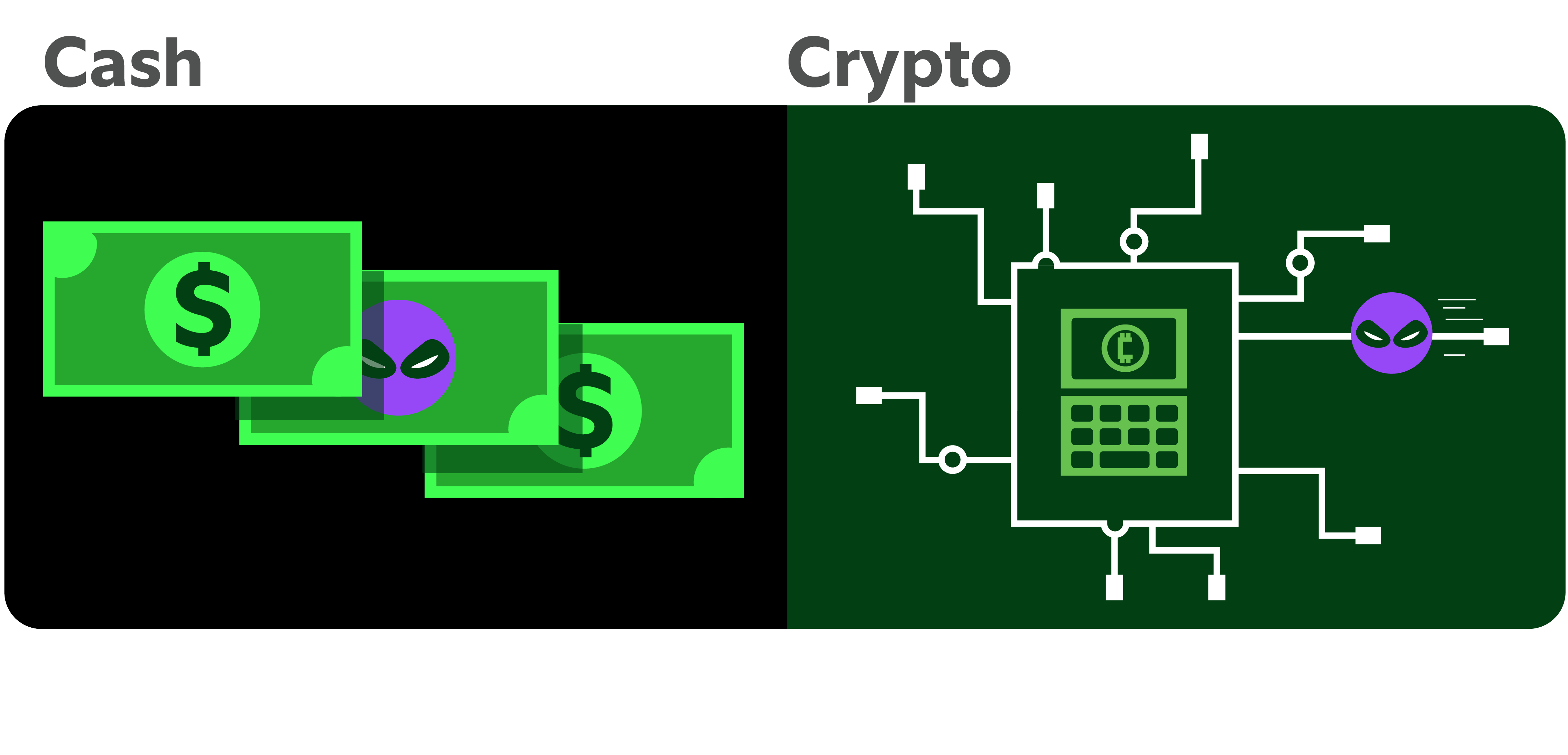Cash vs crypto security risks illustration showing cash theft vulnerability and cryptocurrency blockchain network protection