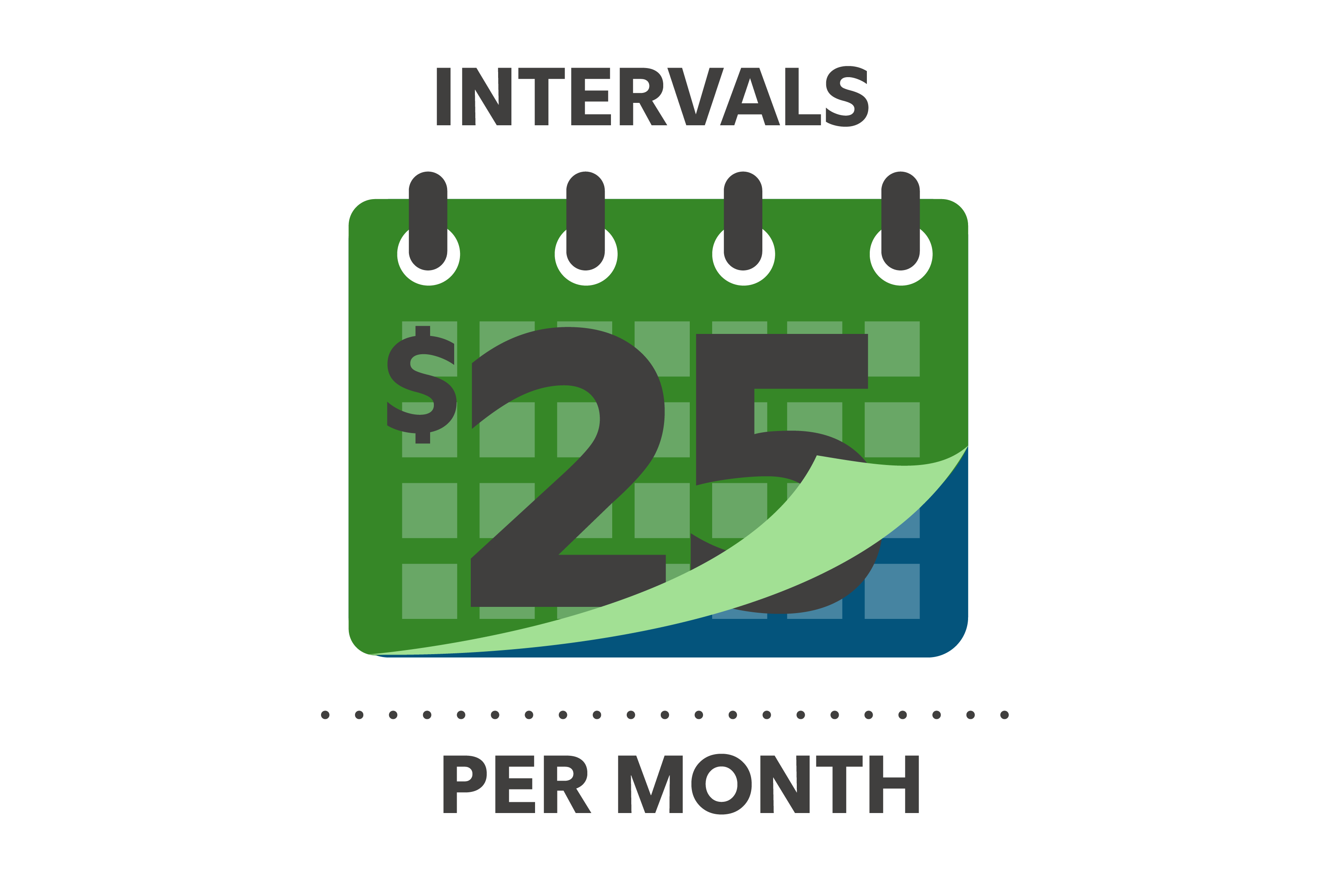 A stylized green calendar icon displaying "$25" on the page, with the words "Intervals" above and "Per Month" below, illustrating regular monthly investment contributions.
