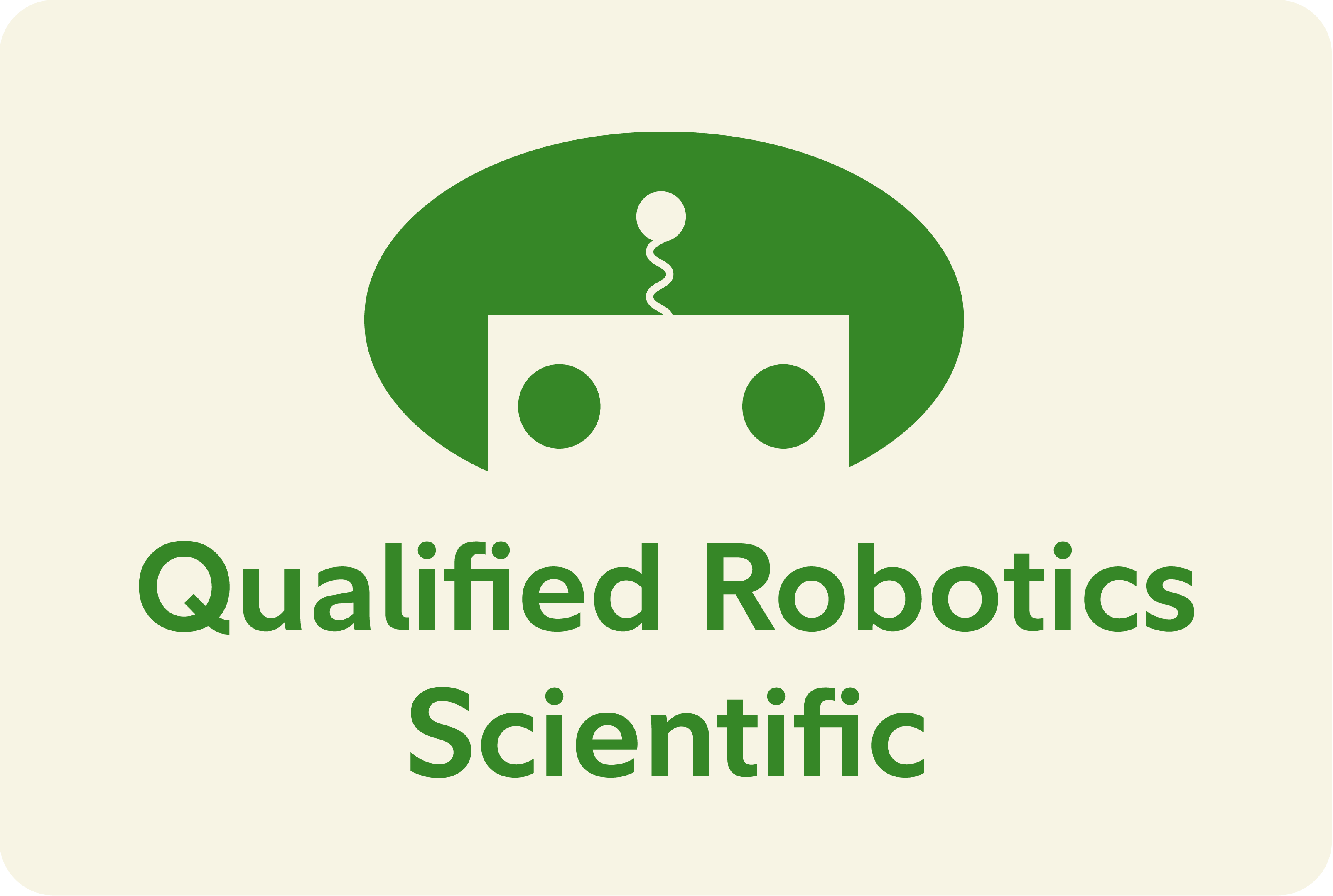 A green, stylized robot face logo with two circular eyes and an antenna above it, accompanied by the text "Qualified Robotics Scientific."