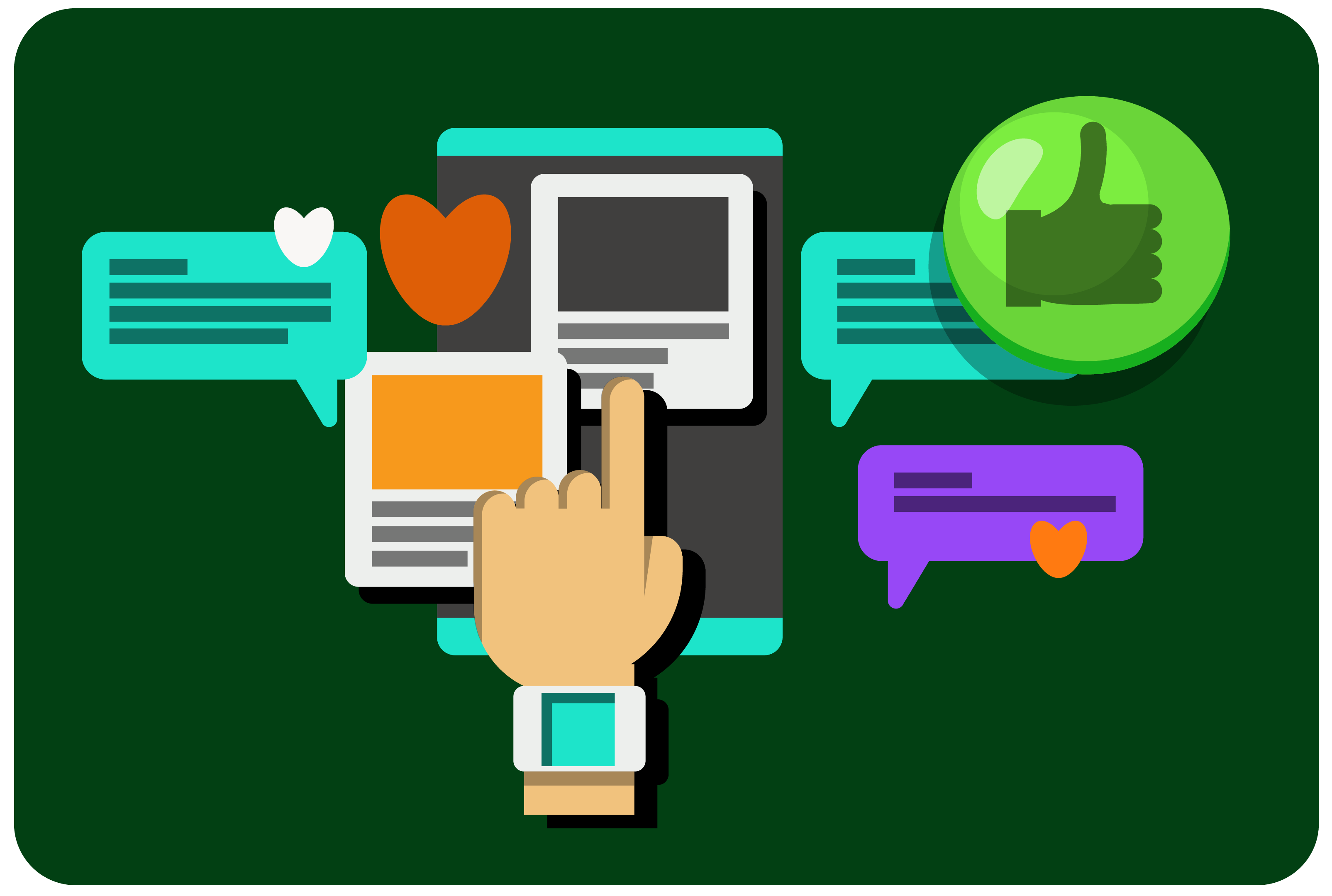 Smartphone screen with cards, chat bubbles, and heart and like icons showing user engagement and feedback.