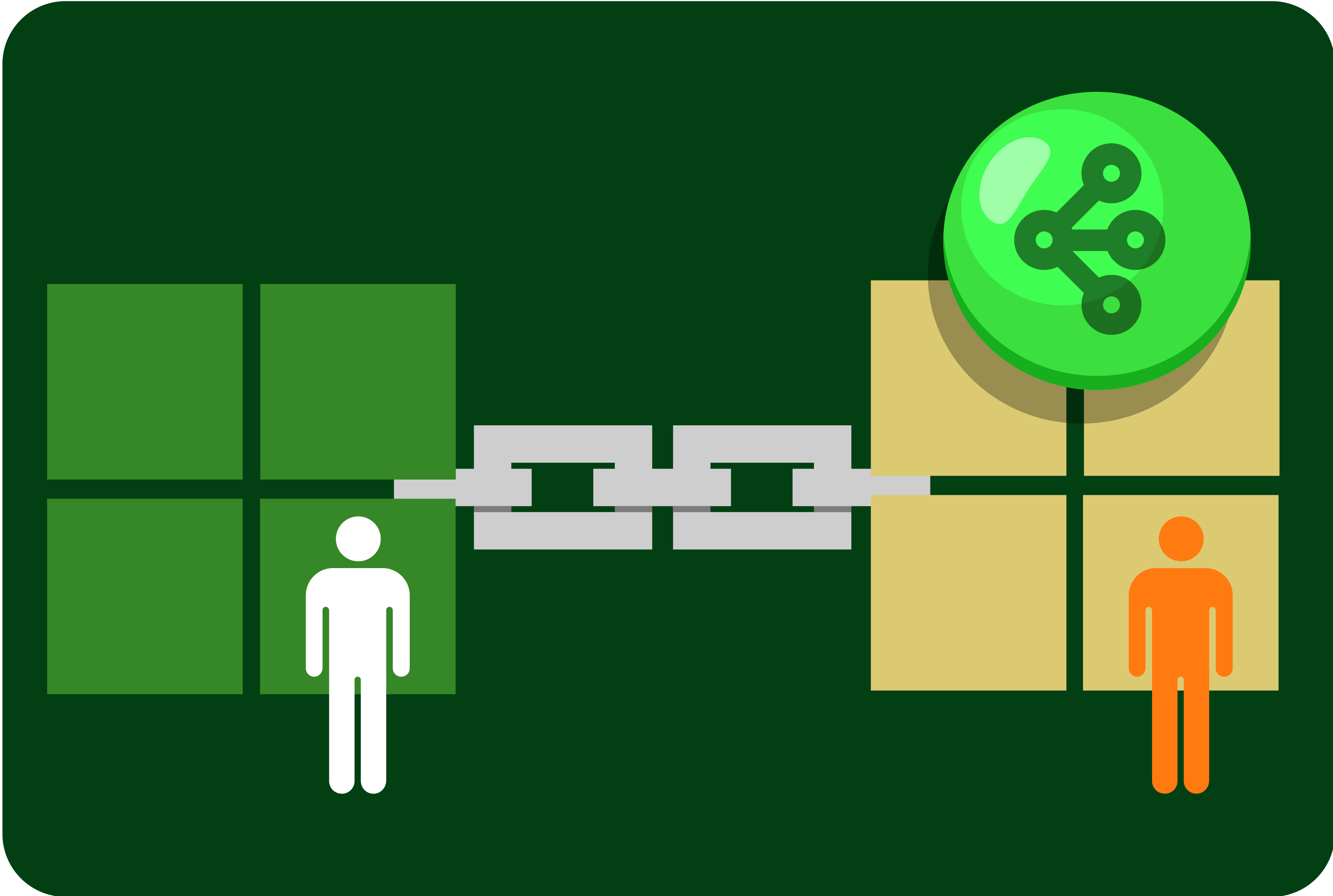 Two separate groups connected by a chain with a network icon above, symbolizing linked or shared information sources
