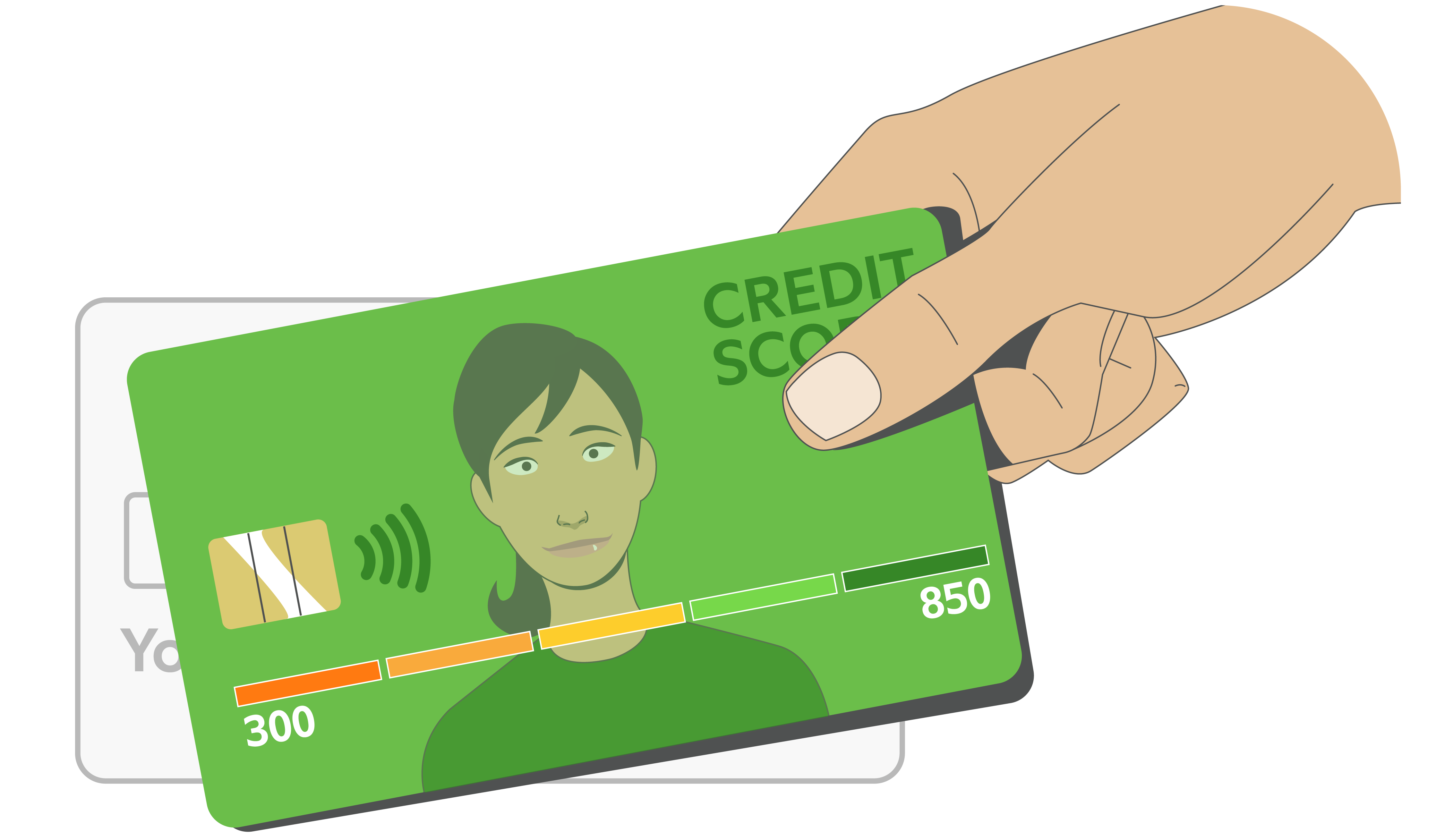 Illustration of a hand holding a green card labeled ‘Credit Score,’ displaying a score scale from 300 to 850.