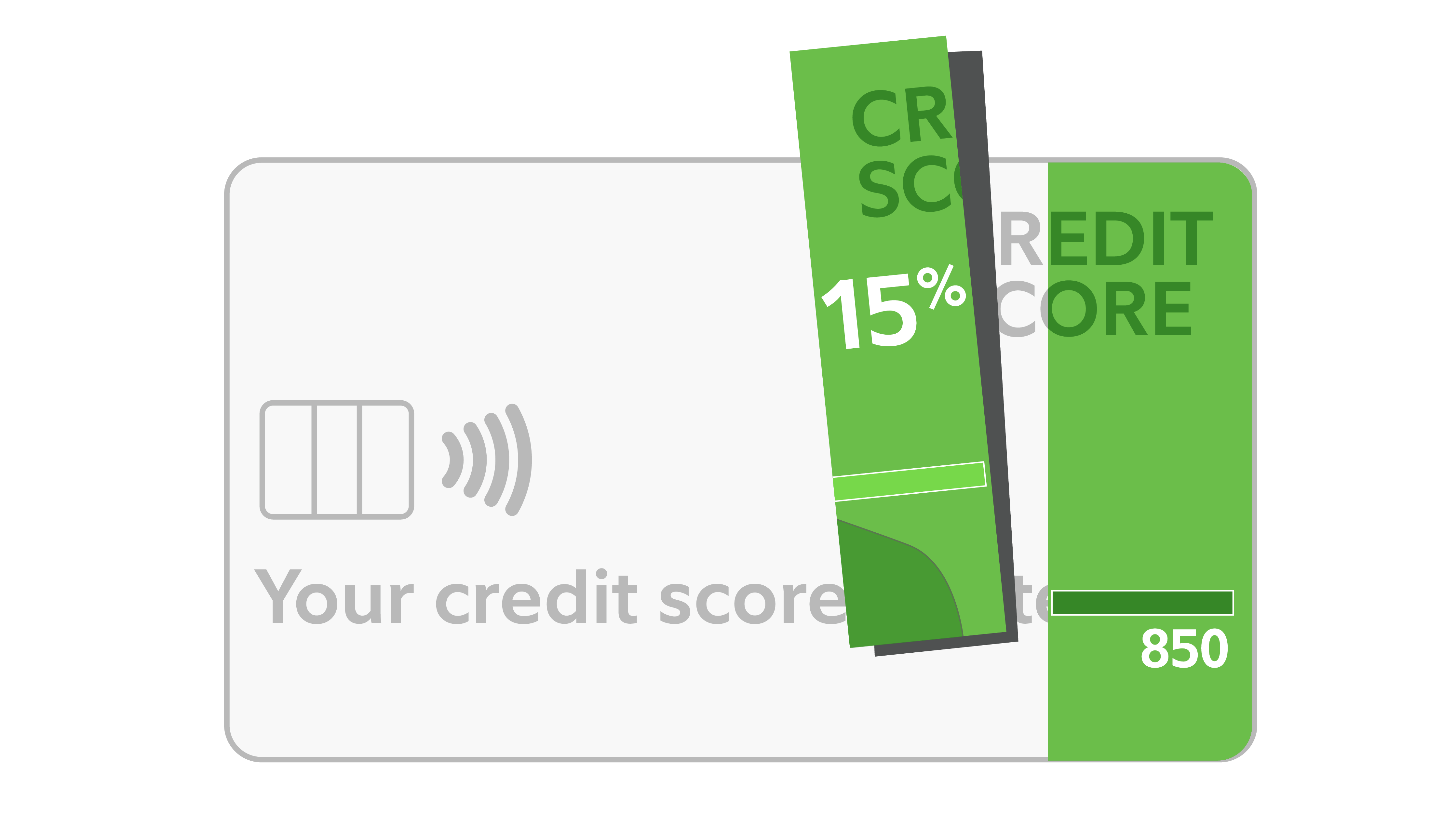 Illustration showing a narrow green card labeled 15 percent over a larger credit score card with a score scale ending at 850.