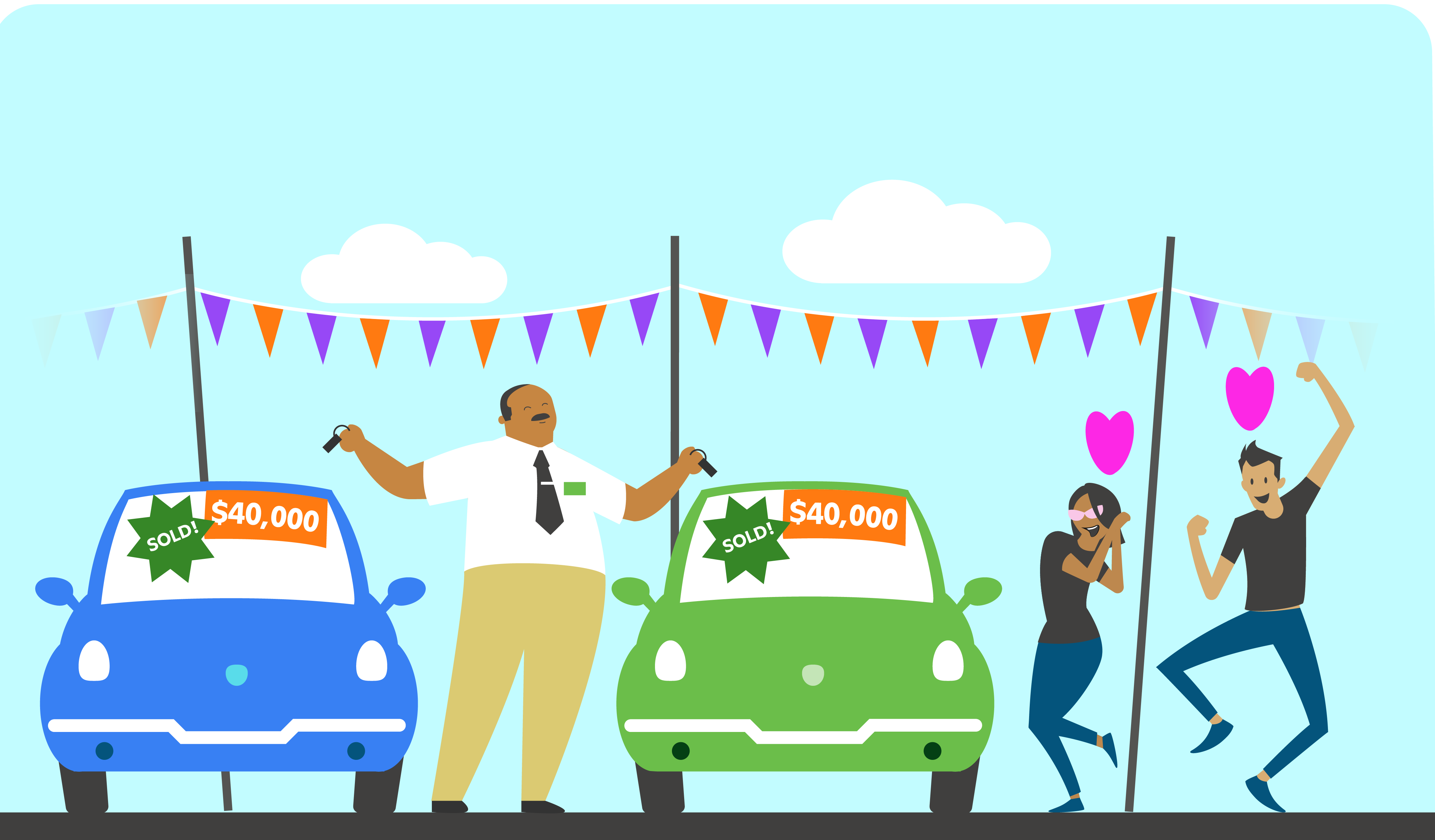 Two cars marked "Sold" at a dealership with price tags and celebrating shoppers.