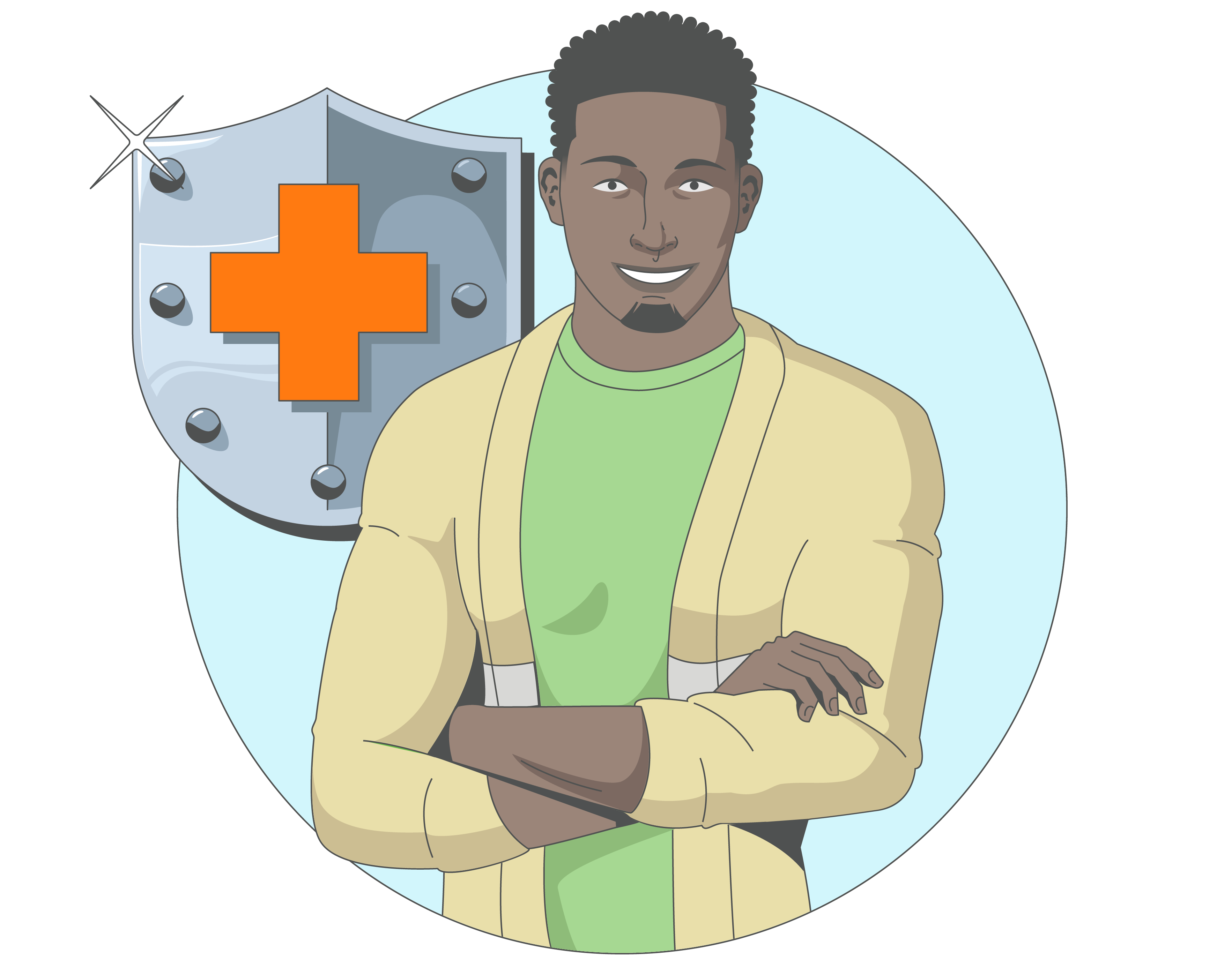 Illustration of a person standing with arms crossed in front of a shield icon with a medical cross, symbolizing health coverage or protection.