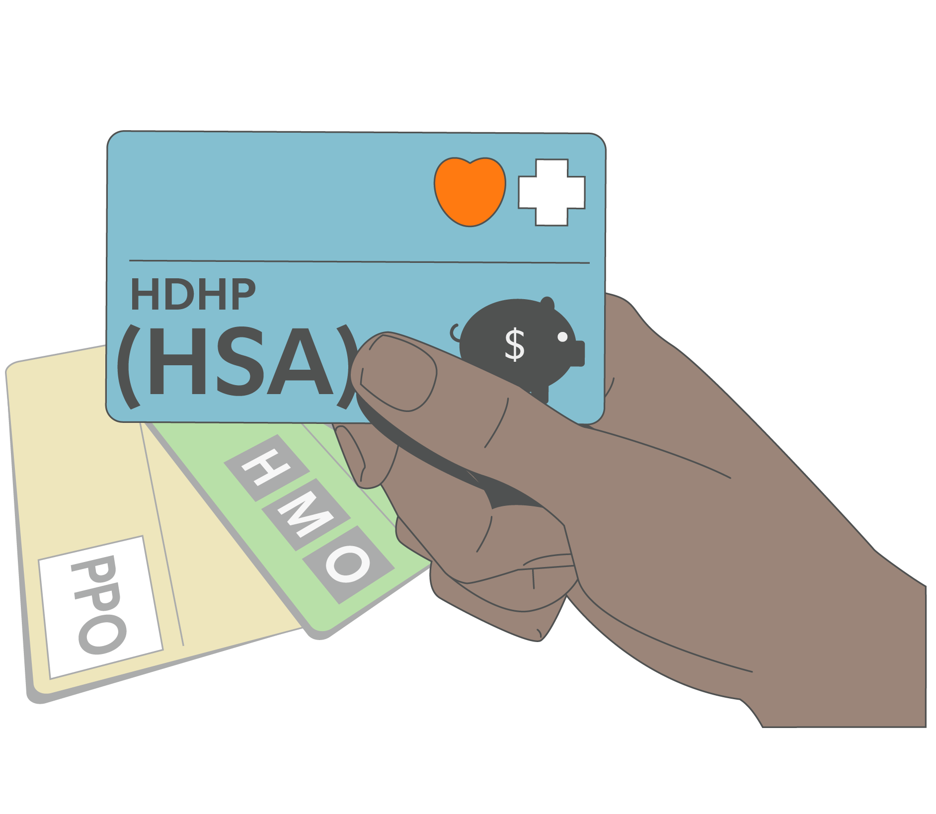 Illustration of a hand holding an HDHP (HSA) health insurance card, with PPO and HMO cards visible in the background, representing choosing a health insurance plan.