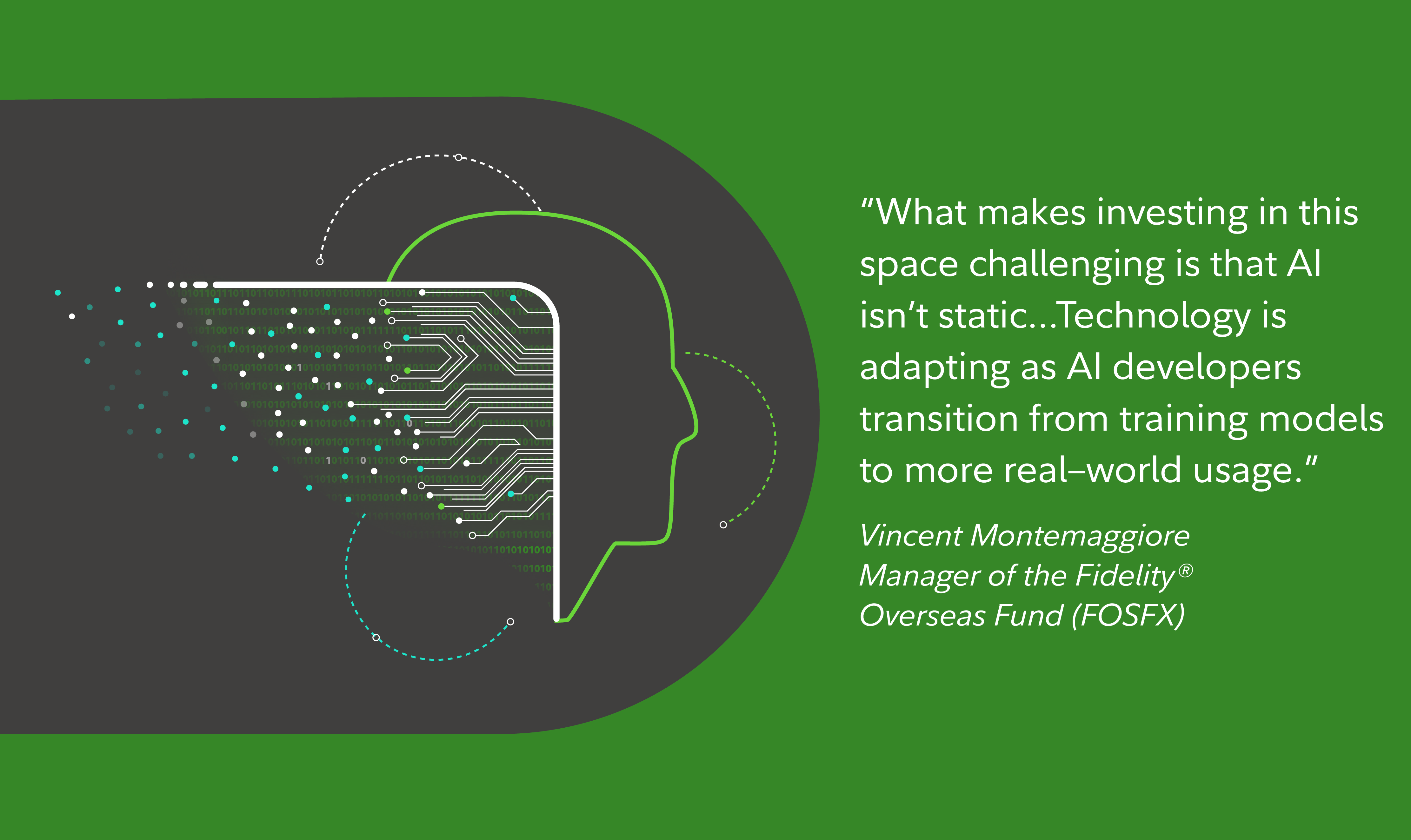 Text box emphasizes a quote in the article from a Fidelity fund manager who observes that investing in AI stocks is challenging because the underlying technology is constantly evolving. The words appear beside a line drawing showing the outline of a human face next to a semiconductor design.