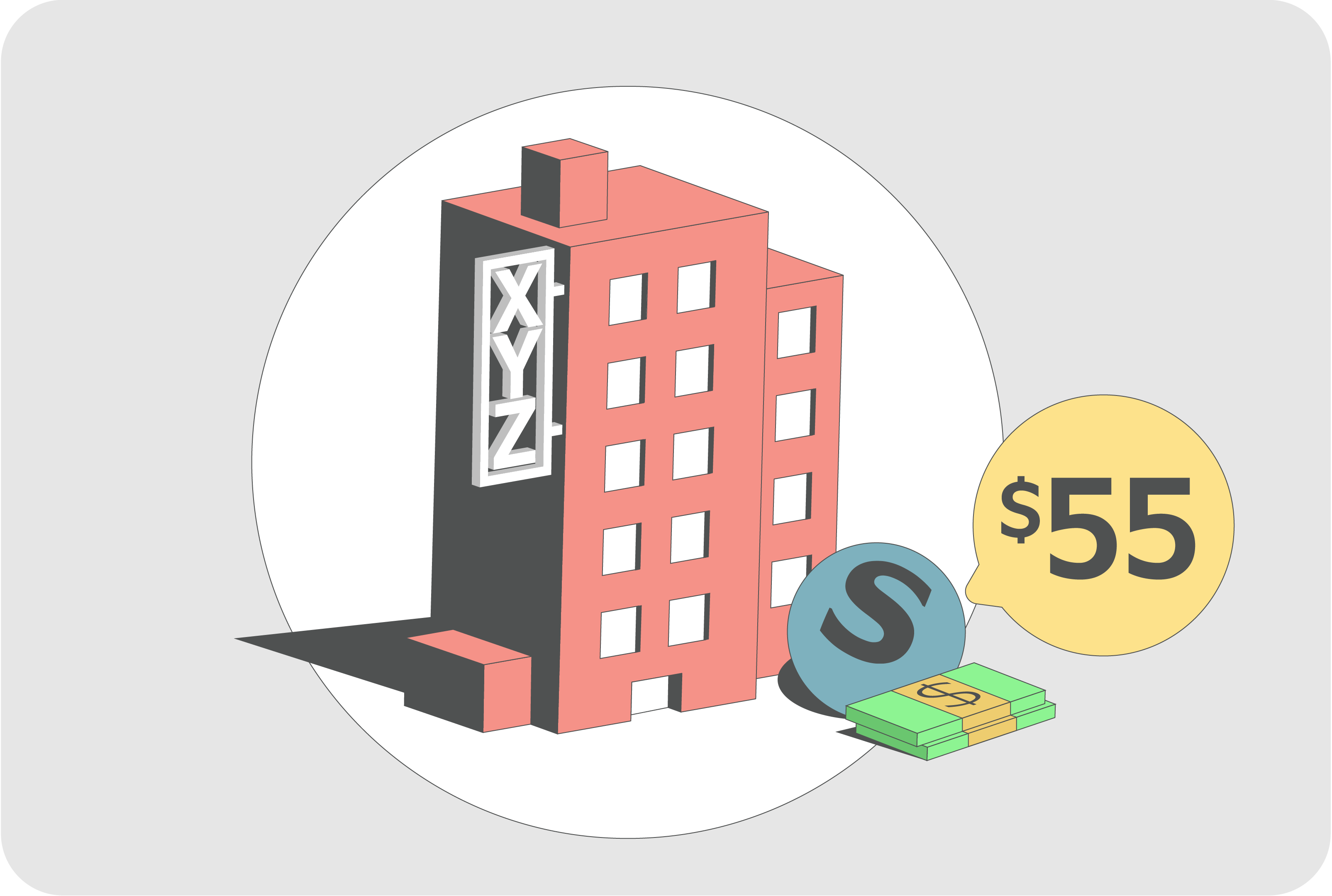 Illustration of XYZ stock valued at $55 with a share icon and cash stack, representing the underlying stock used in a cash‑secured put example.