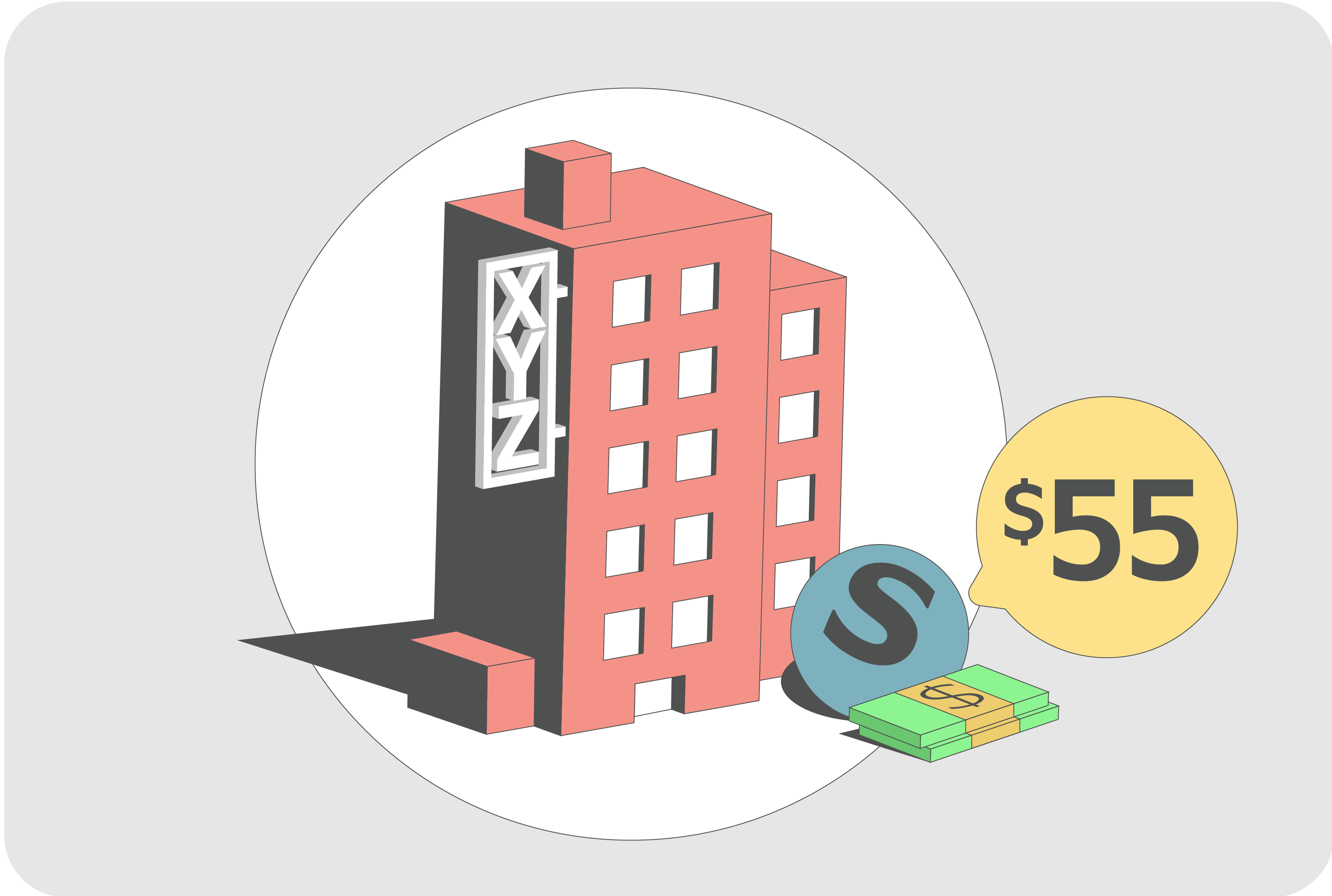 Illustration of XYZ Enterprises with a $55 stock price tag and a stack of cash and share icons, representing the underlying stock used in a long call option example.