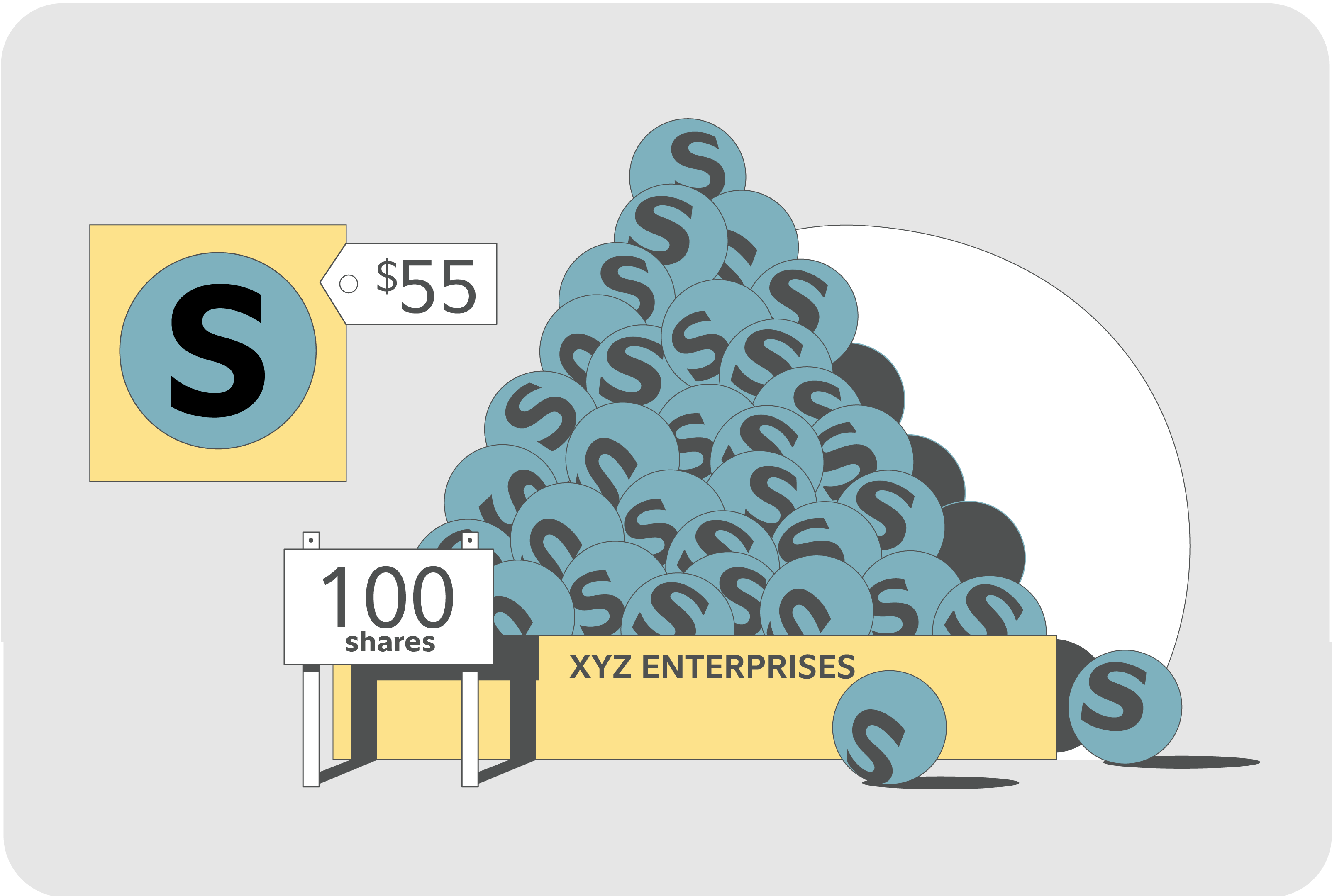 Illustration of XYZ Enterprises stock valued at $55, shown with a stack of 100 shares, representing the underlying stock position protected by a protective put strategy.