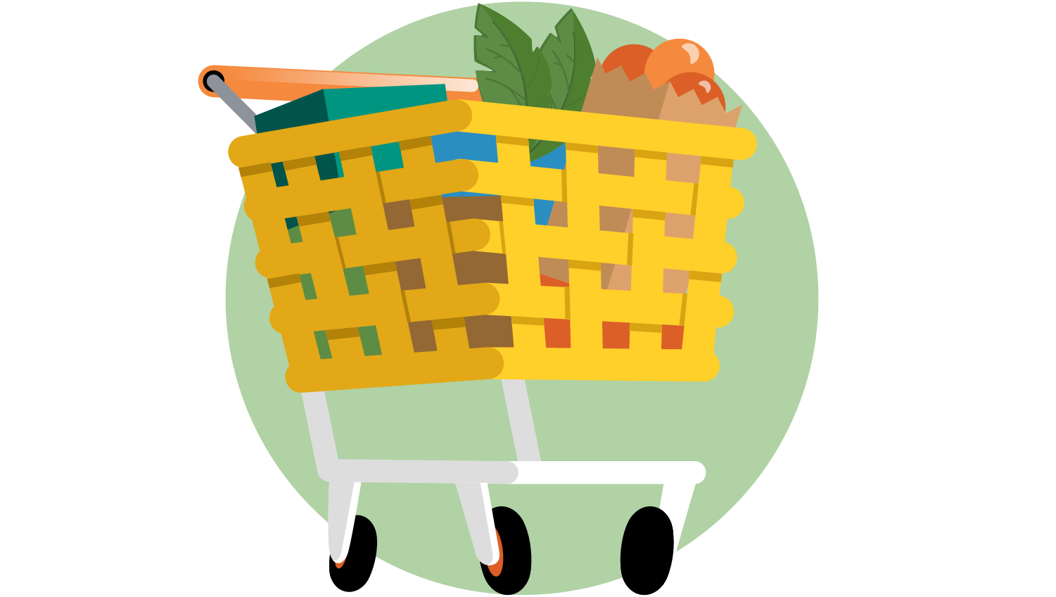 Shopping cart with vegetables and groceries