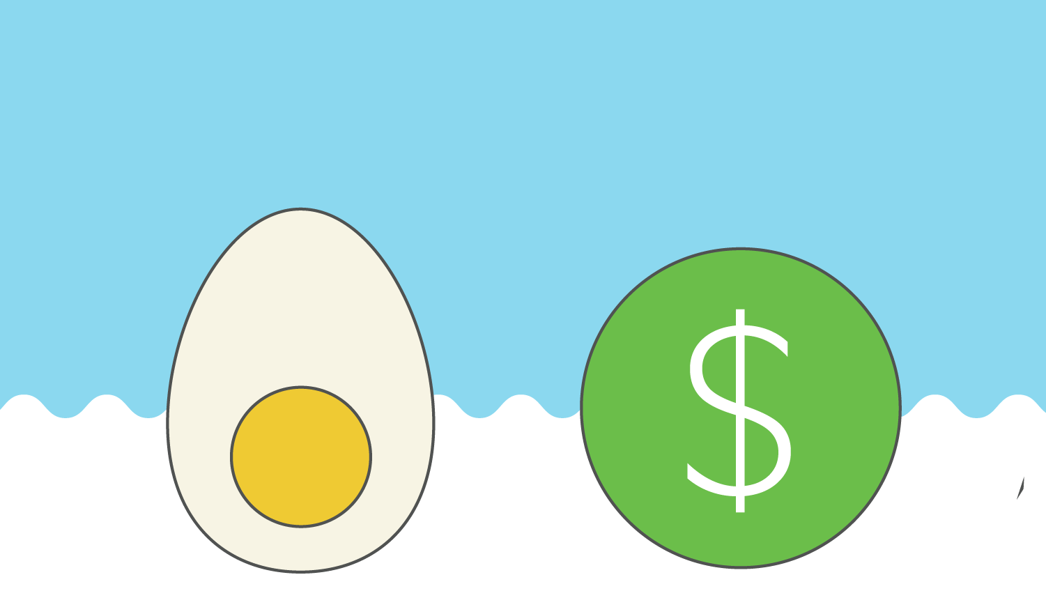 Illustration shows a halved boiled egg with a yellow yolk next to a green circle containing a white dollar sign, set against a blue and white background. The visual likely represents a concept linking food, nutrition, or eggs with financial value or cost.