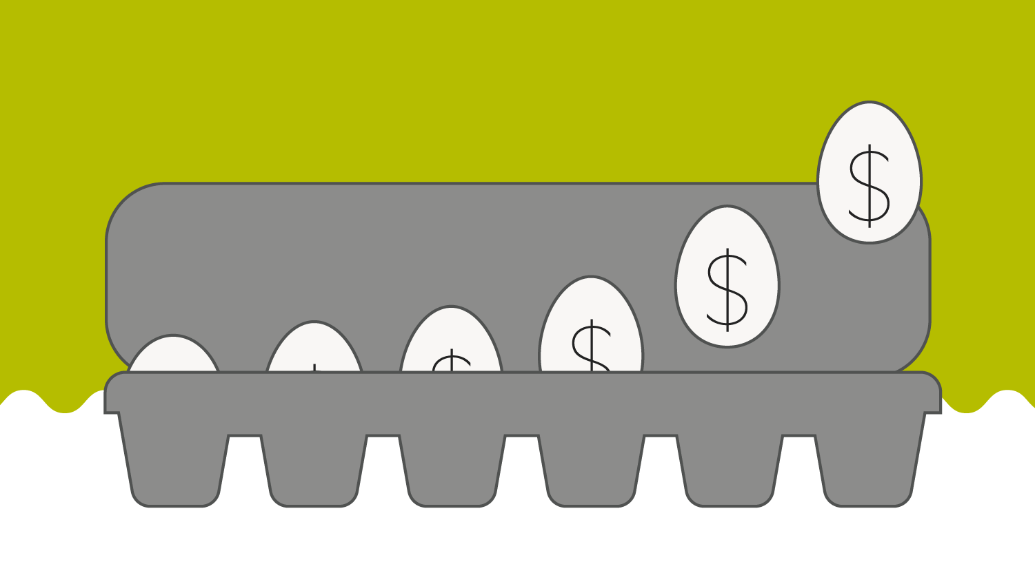 Illustration of an egg carton with eggs marked by dollar signs, increasing in size from left to right. The image symbolizes financial growth or investment returns, using a simple gray carton and white eggs against an olive green background.