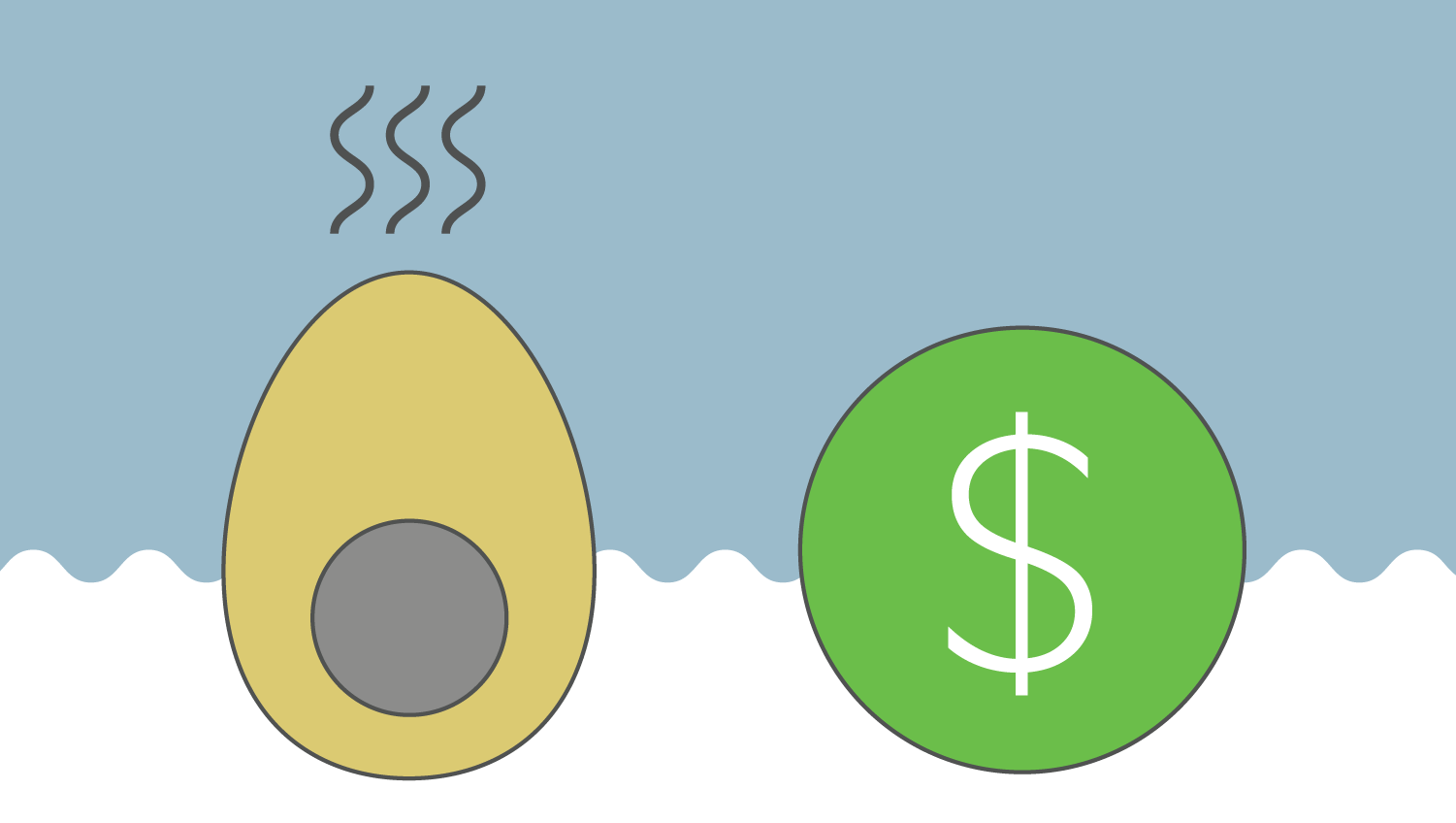 Illustration shows a halved rotten boiled egg with a grey yolk it next to a green circle containing a white dollar sign. The design likely represents a concept related to the cost or value of avocados, using simple shapes and muted colors against a blue and white background.