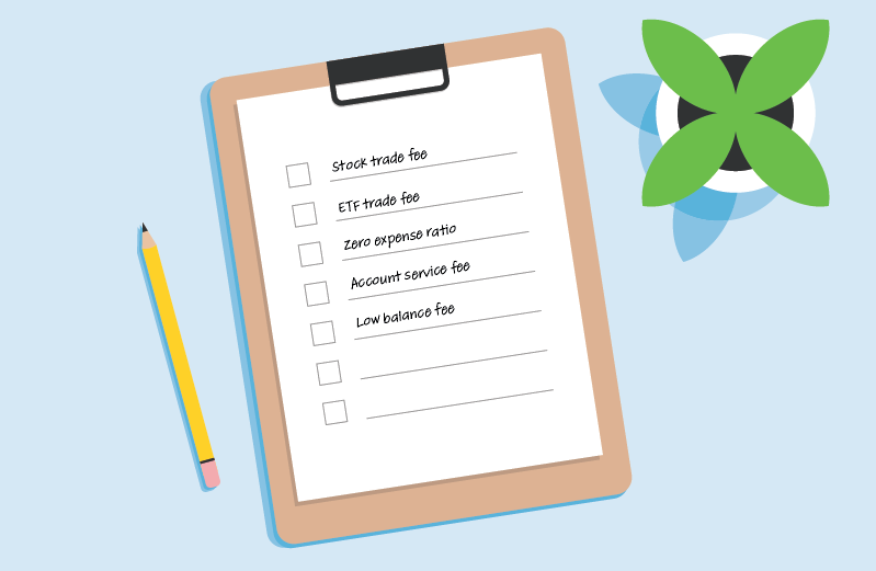 Illustration shows a checklist of costs to look for, including trading fees, expense ratios, account service fee and low balance fee.