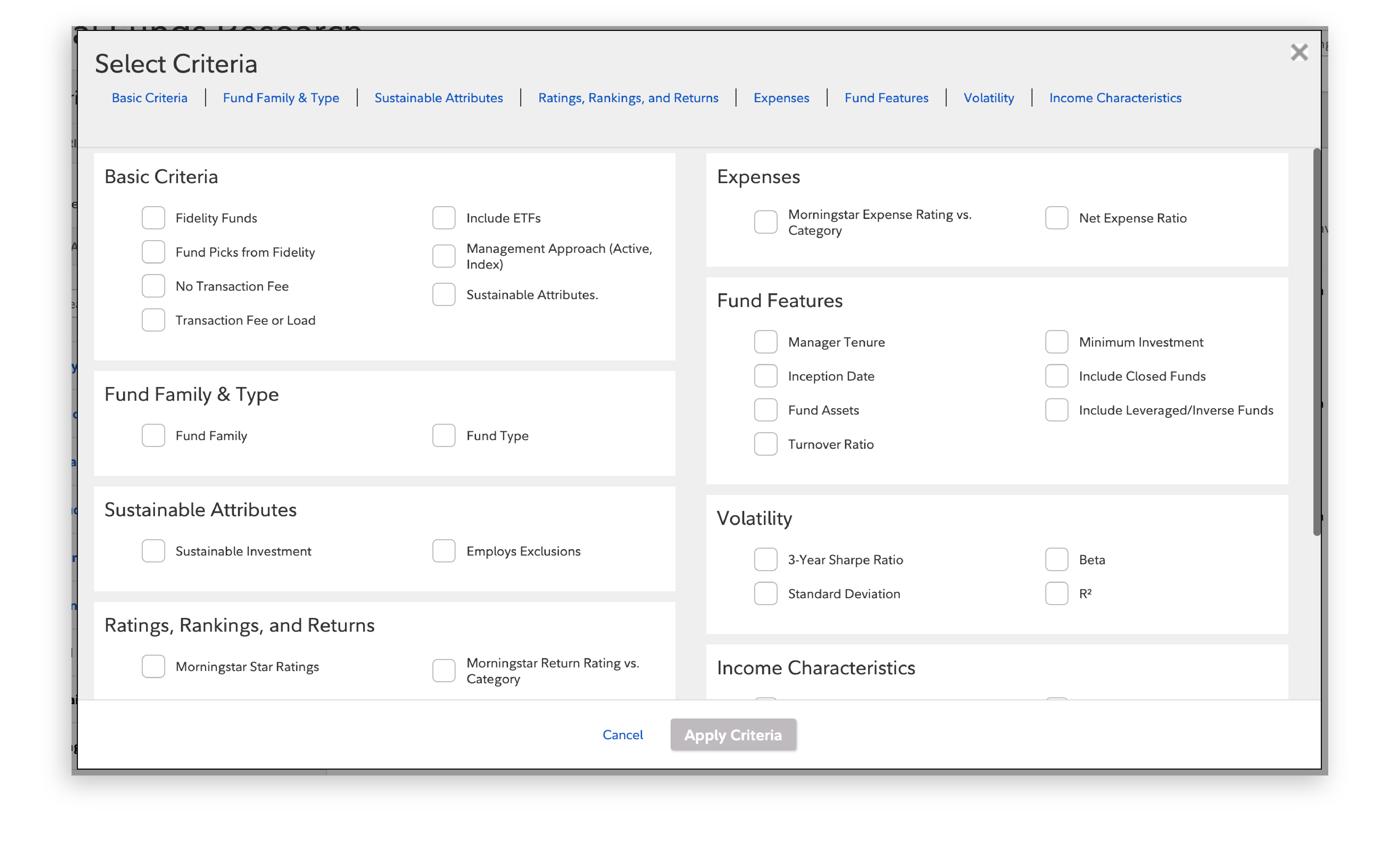 Fidelity Mutual Fund Select Criteria screen that allows investors to choose more criteria such as Ratings, Rankings, and Returns, Expenses, Fund Features (eg, Manager Tenure, Inception Dage, and Minimum Investment), Volatility, and Income Characteristics