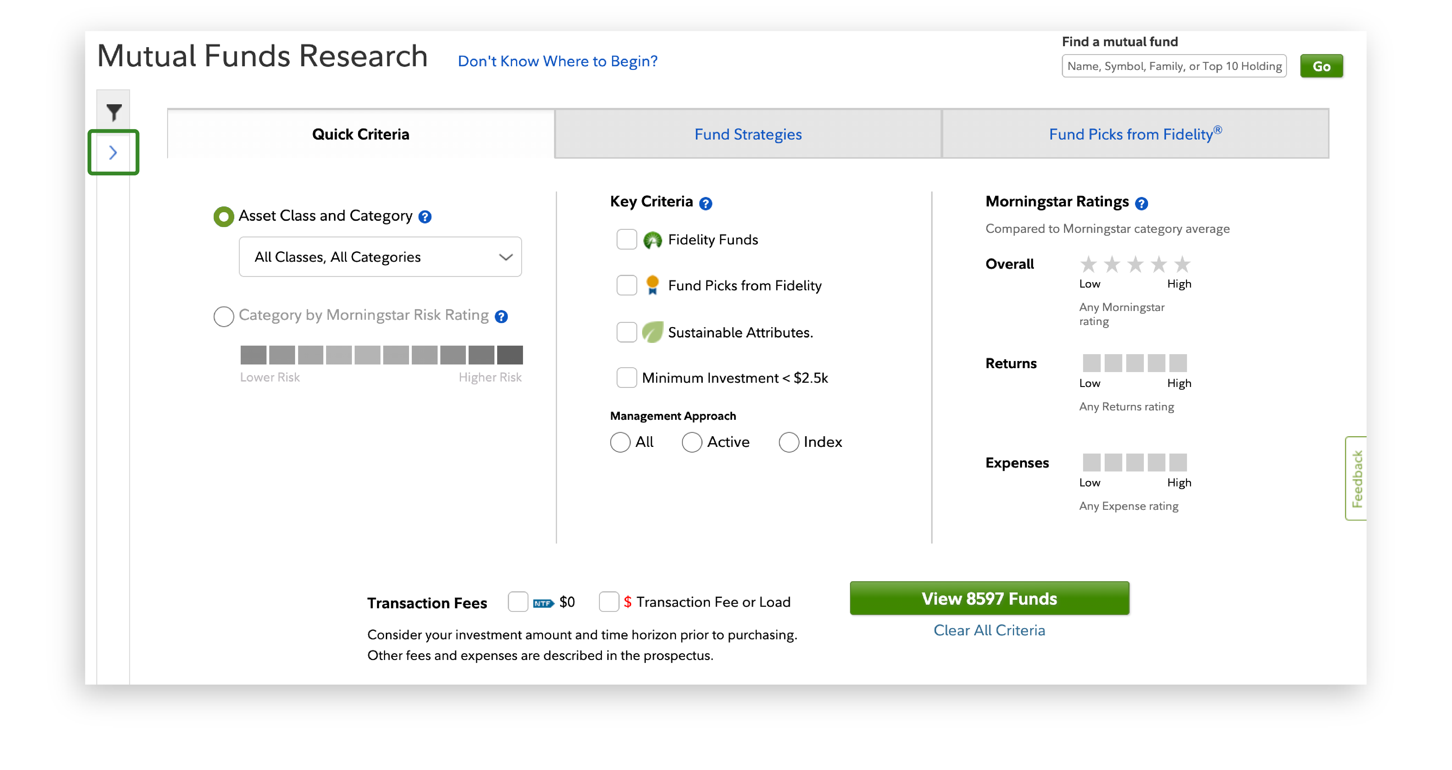 Fidelity page entitled Mutual Funds Research that highlights first of 3 columns: Quick Criteria (eg, asset class and category with dropdown menu and category by Morningstar Risk Rating)