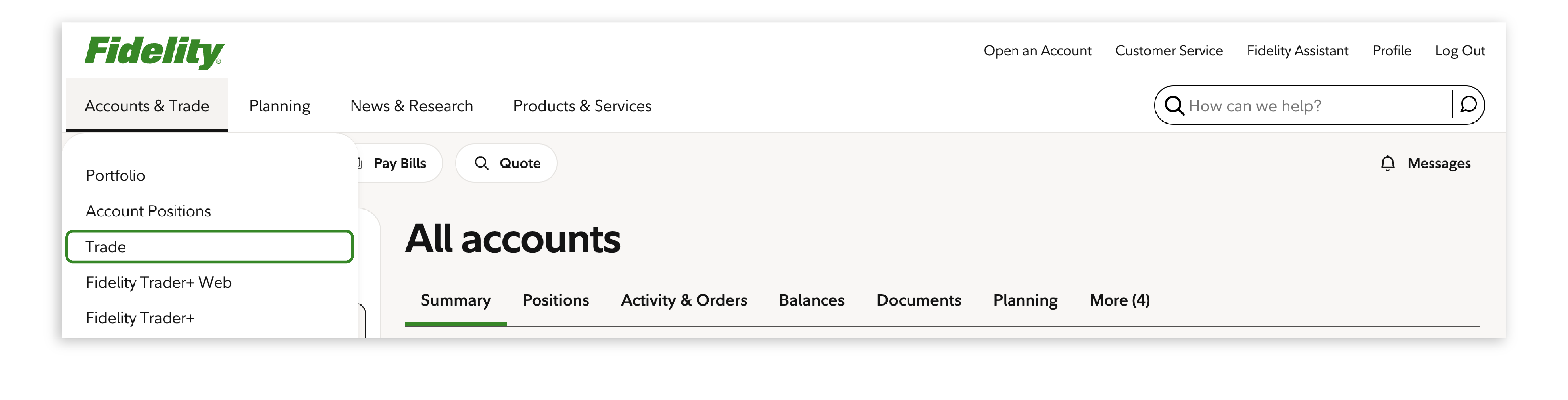 Fidelity page with navigation bar that includes " Accounts & Trade," a dropdown menu that includes "Trade," and " All accounts" to the right of that