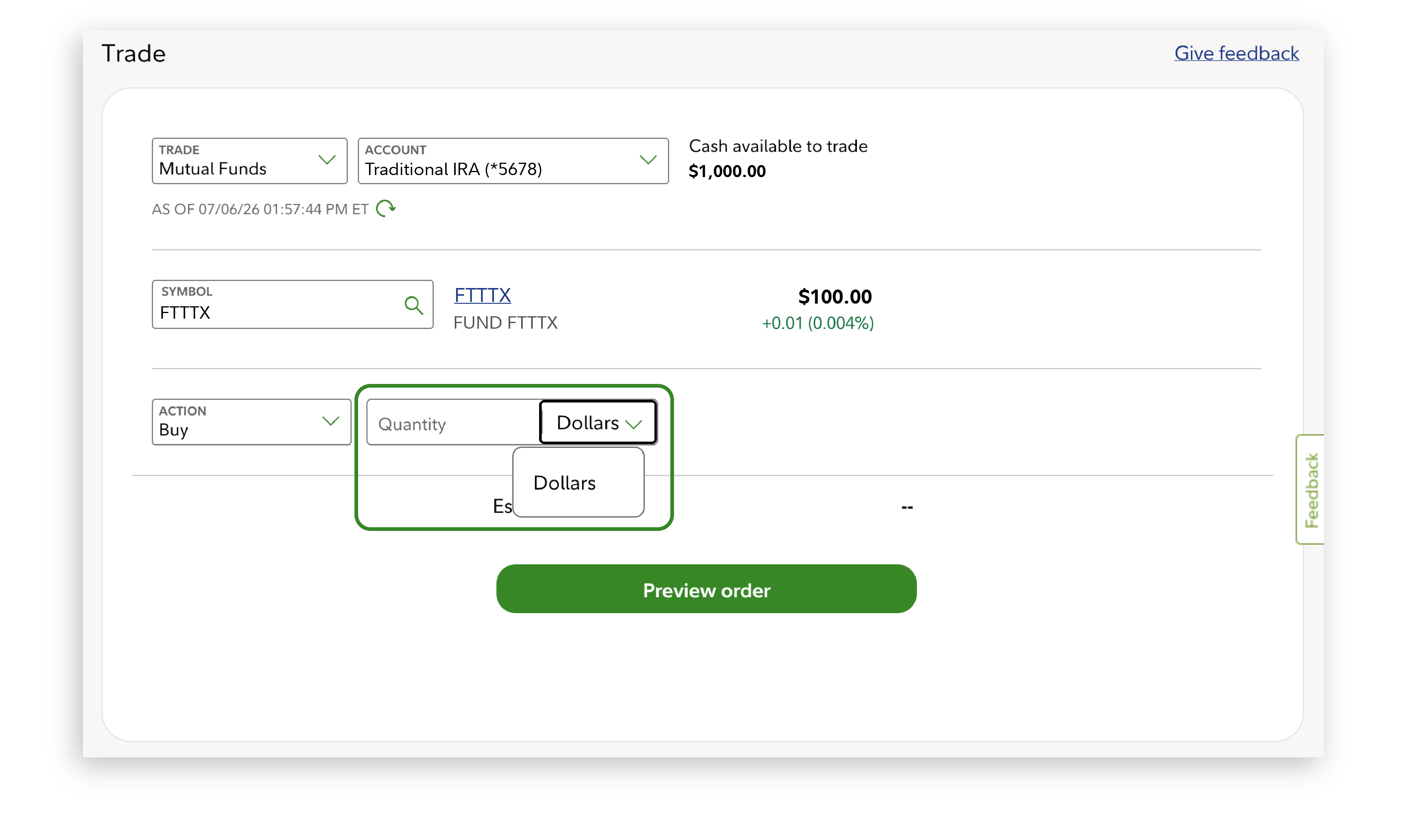 Fidelity Trade screen that gives investor the choice to perform action in Quantity (number of shares) or Dollars (dollar amount)