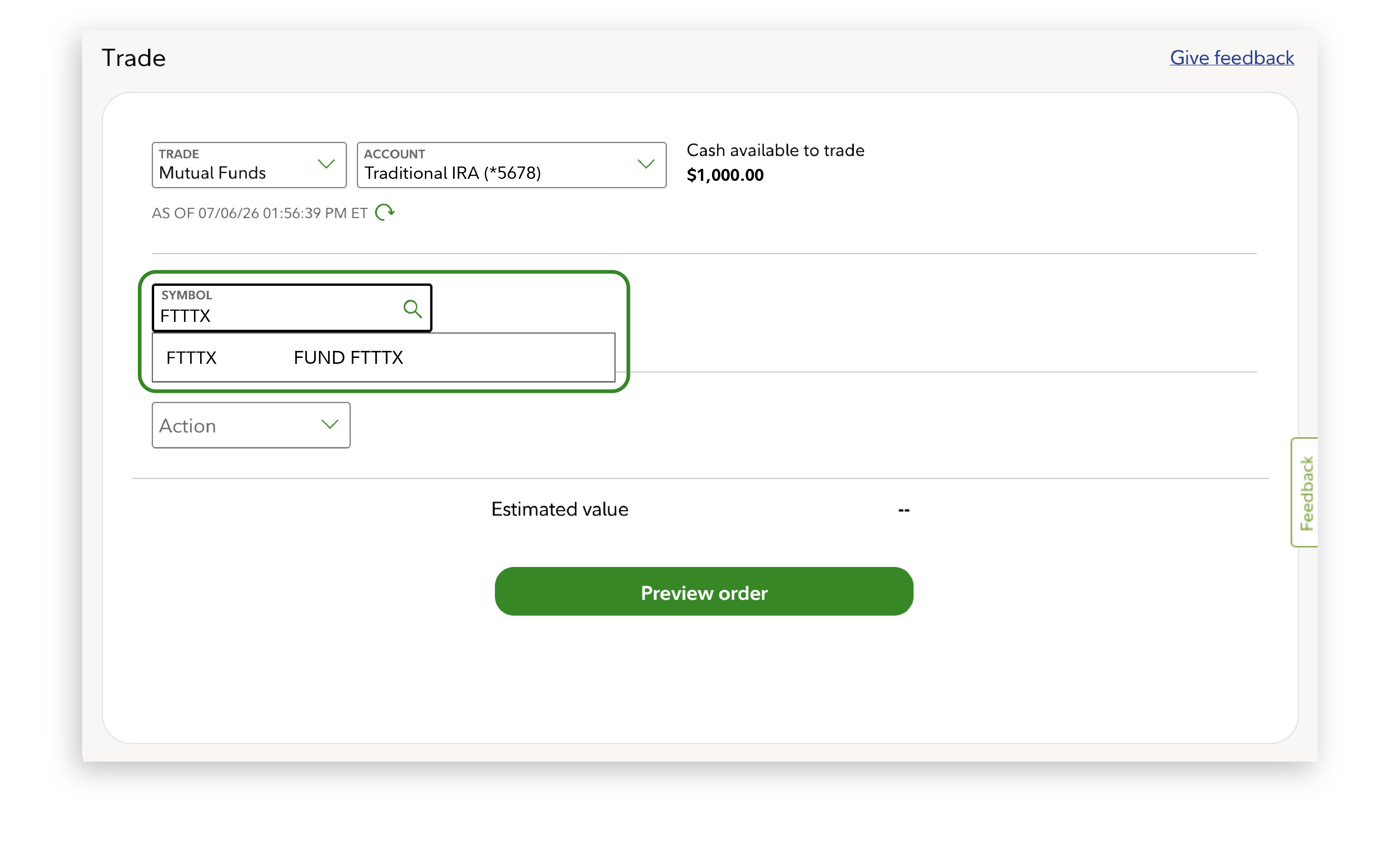 Fidelity Trade screen that shows Symbol box for investor to enter fund name once they have chosen to trade mutual funds in a traditional IRA