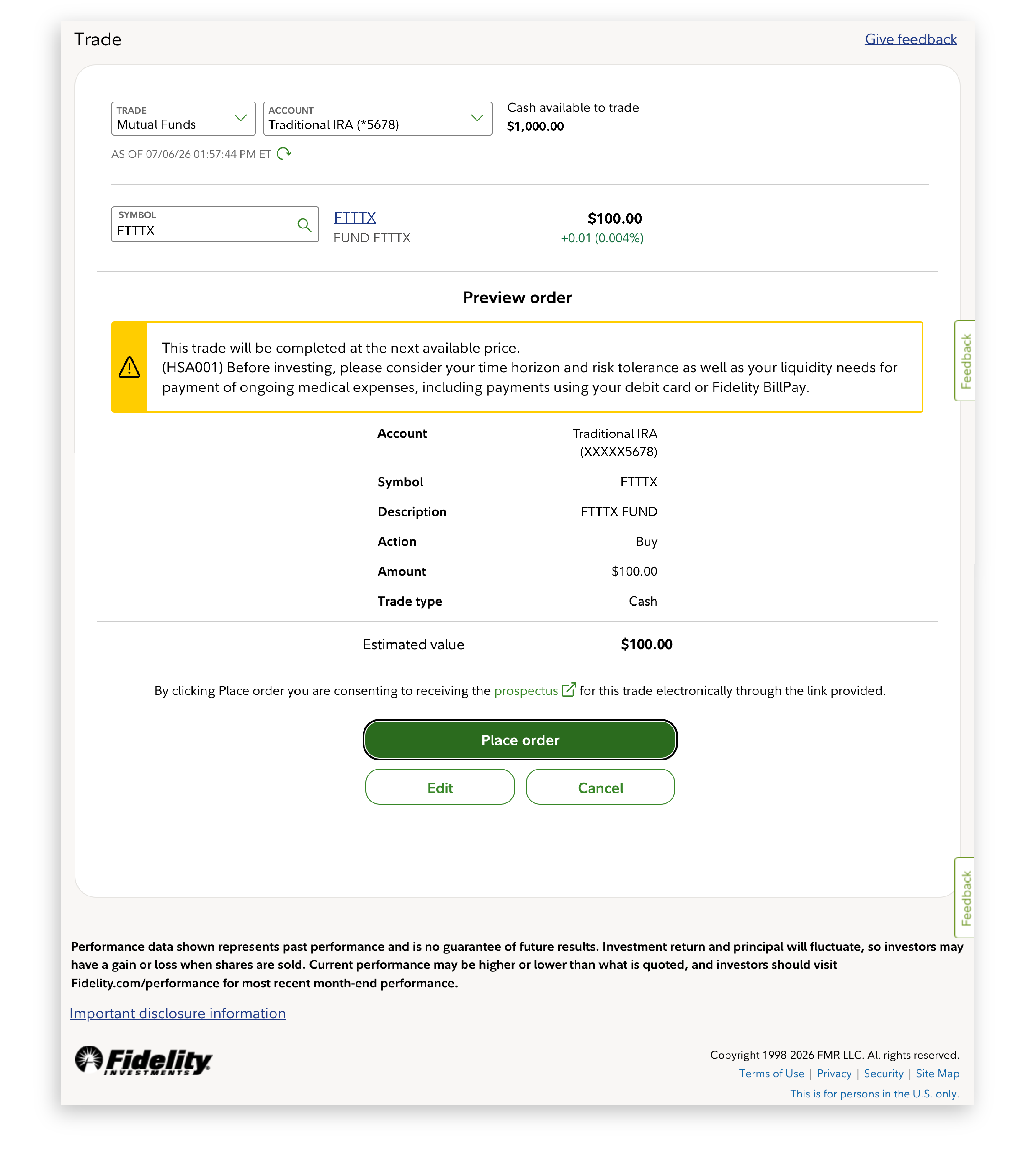 Fidelity Trade screen that previews the order, listing account, symbol, description of mutual fund, action (buy), amount (in dollars), and trade type (cash), estimated value, and "Place order," " Edit," and " Cancel" buttons