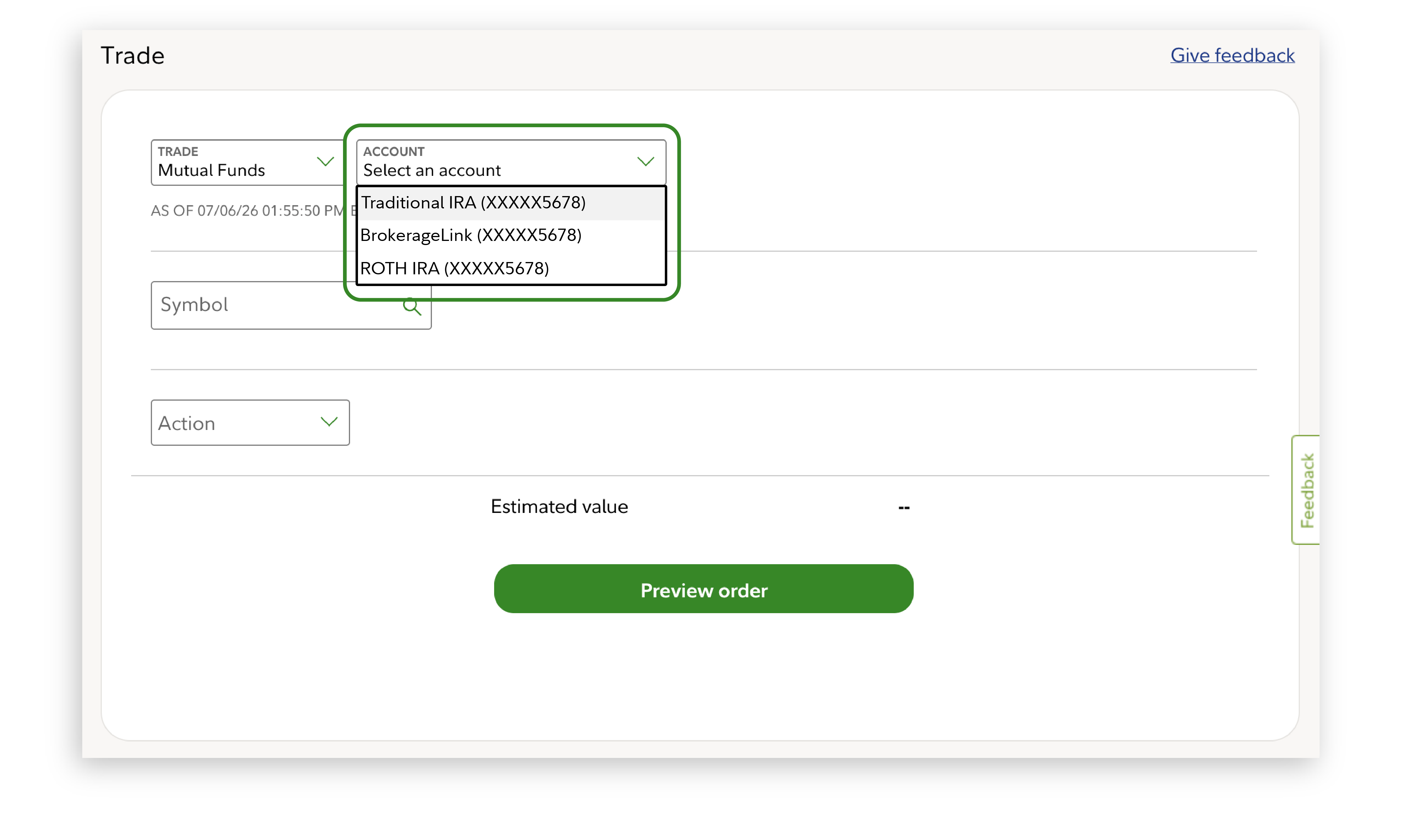 Fidelity Trade screen that allows investor to select what account such as traditional IRA, brokerage account, or Roth IRA, to trade mutual funds