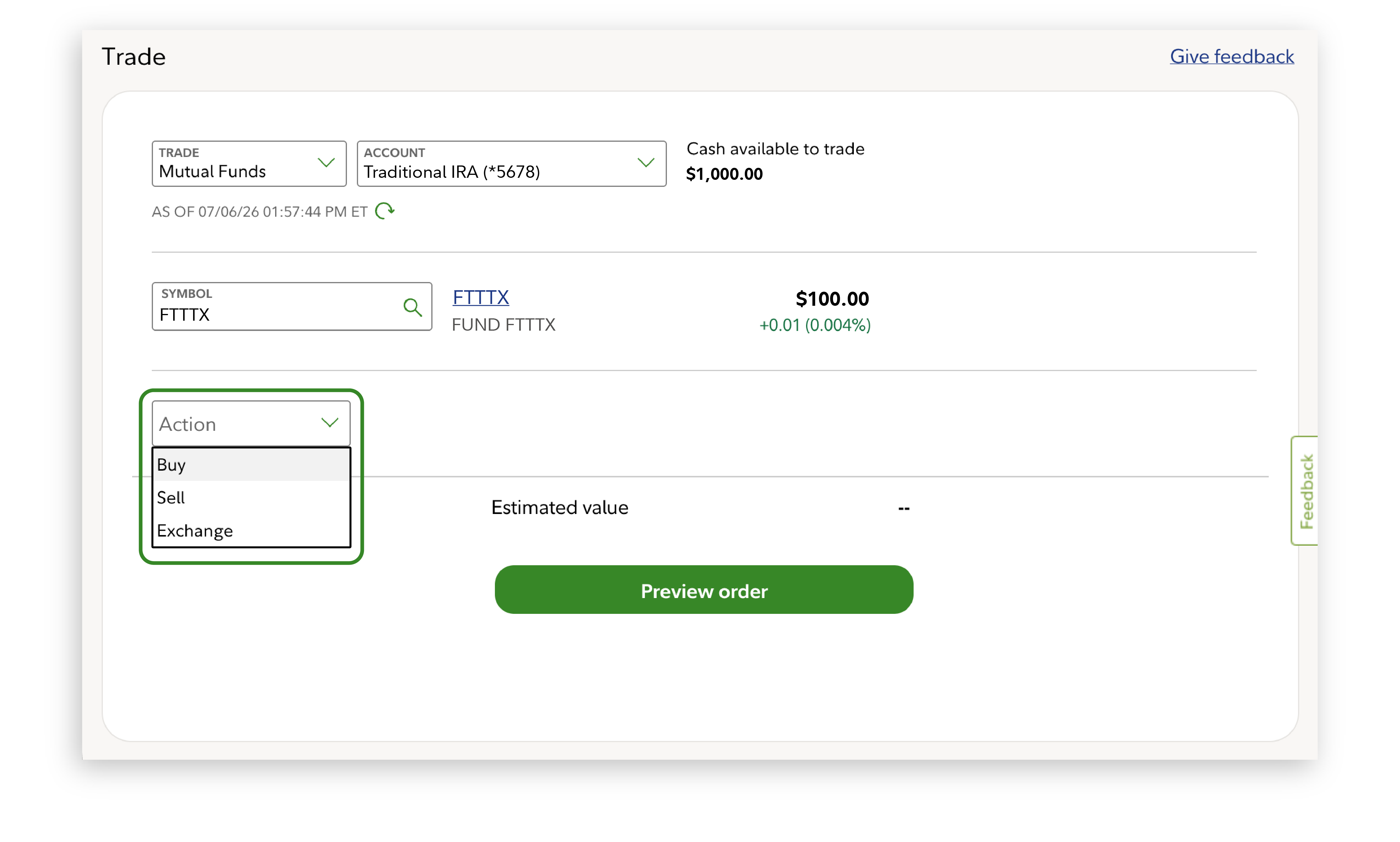 Fidelity Trade screen that shows Action box with dropdown menu for what investor wants to do, in this case, " Buy"