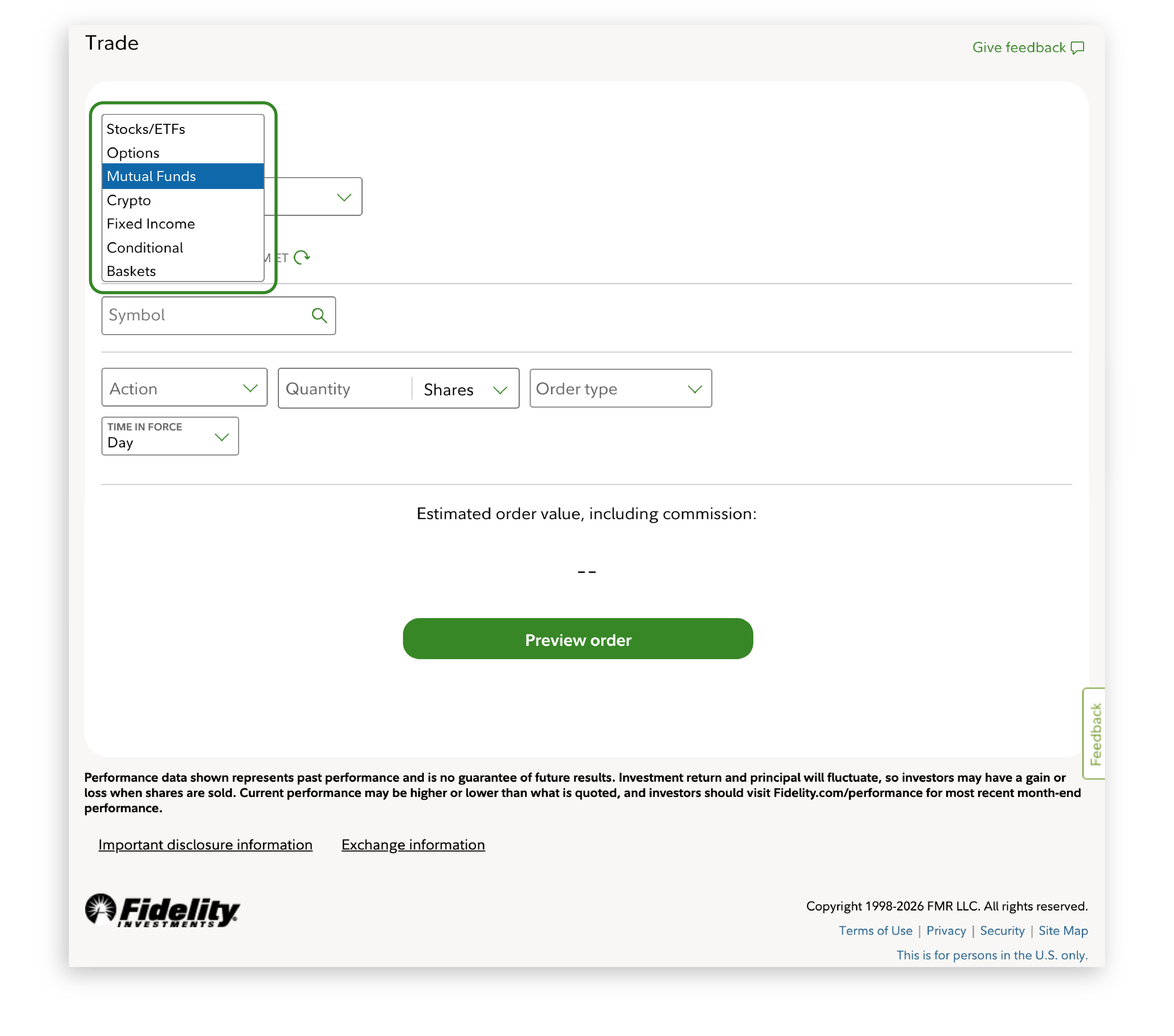 Fidelity Trade screen with dropdrown menu that allows investor to choose "mutual funds"