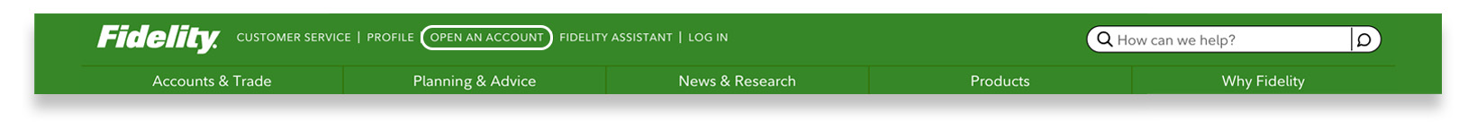 Fidelity.com website header, showing navigation links including Customer Service, Profile, Open an Account, Fidelity Assistant, and Log In.