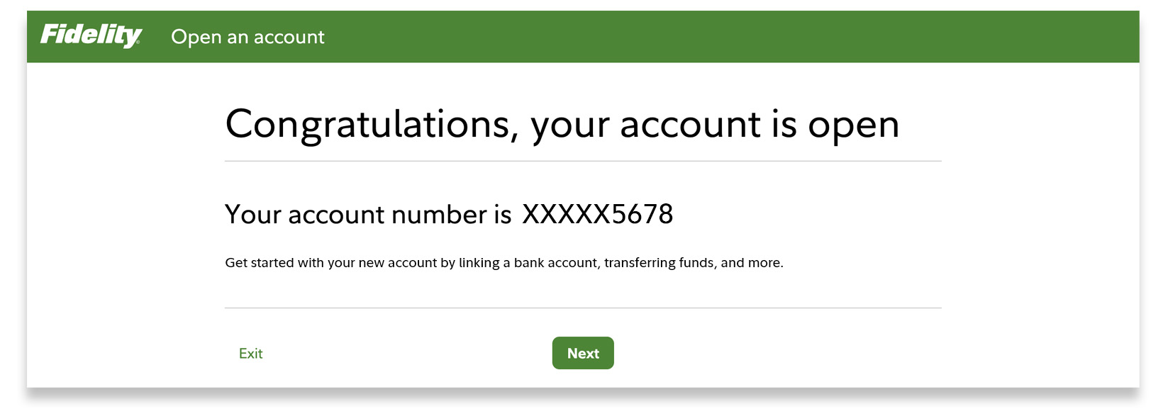 Congratulations message confirming the account is open.