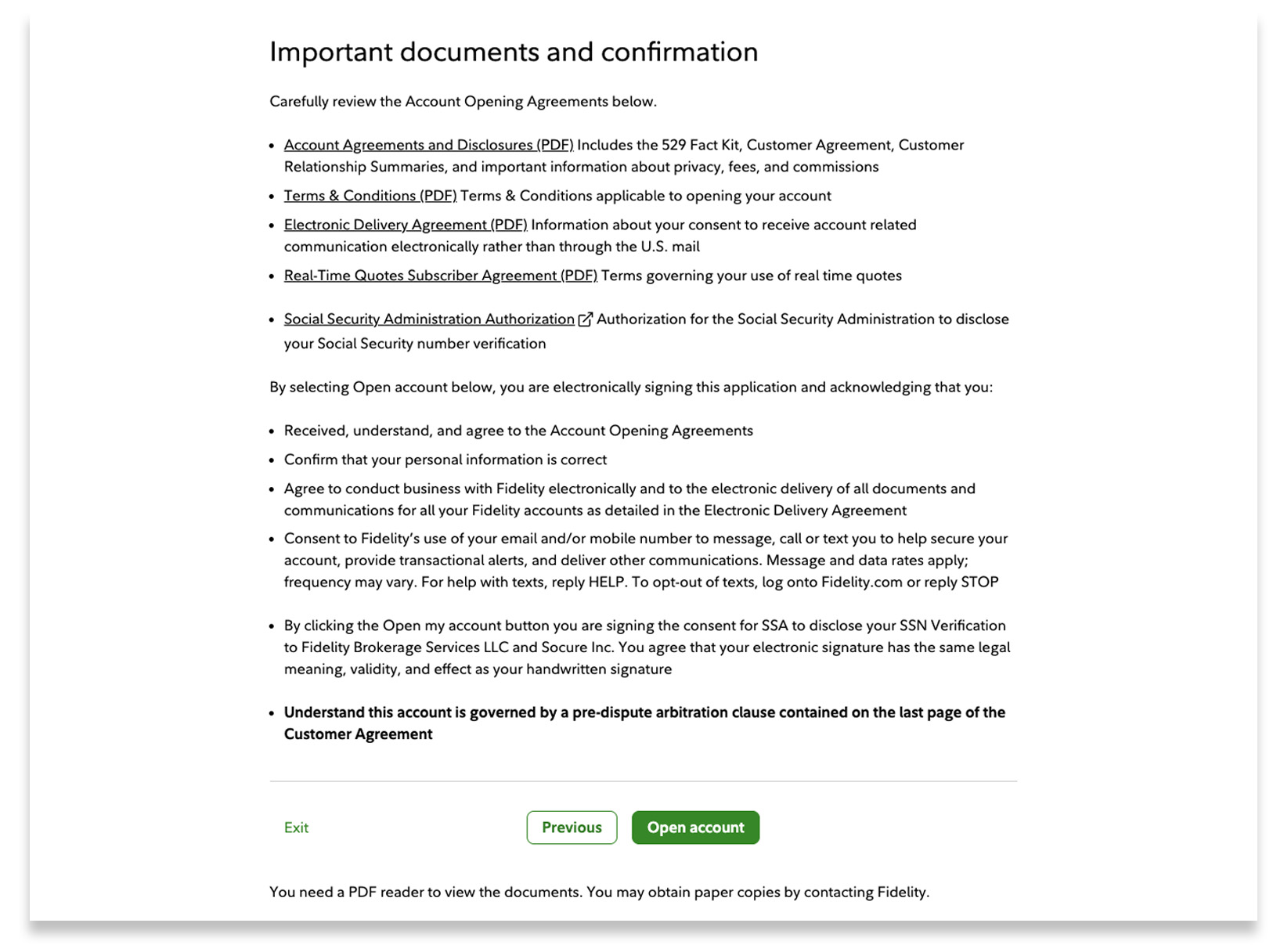 The important documents and confirmation page is displayed.