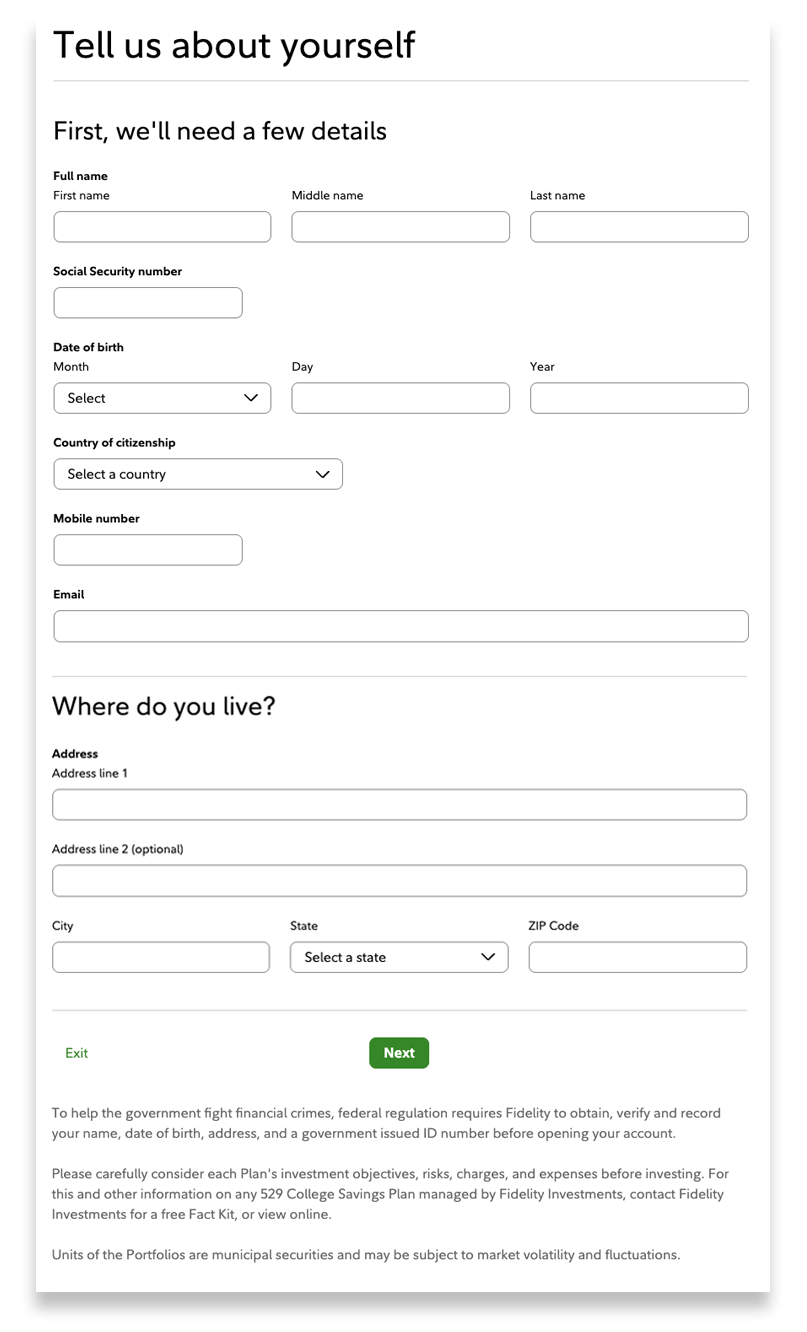 Form requesting personal information including name, Social Security number, date of birth, and contact details.
