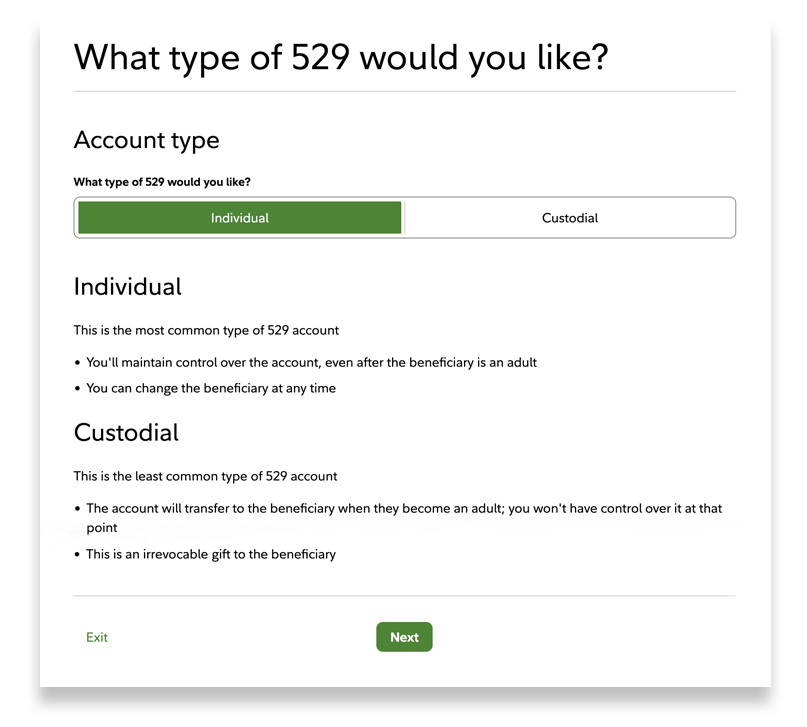 The two 529 account types are displayed, with highlighting the Individual 529 account.