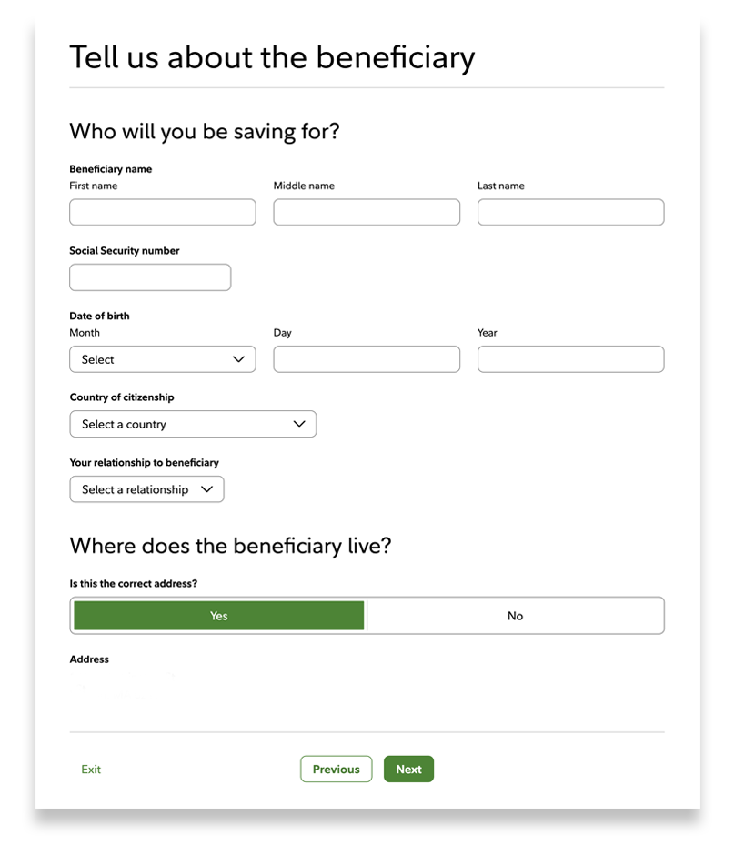 Beneficiary section, that asks personal information about the beneficiary.