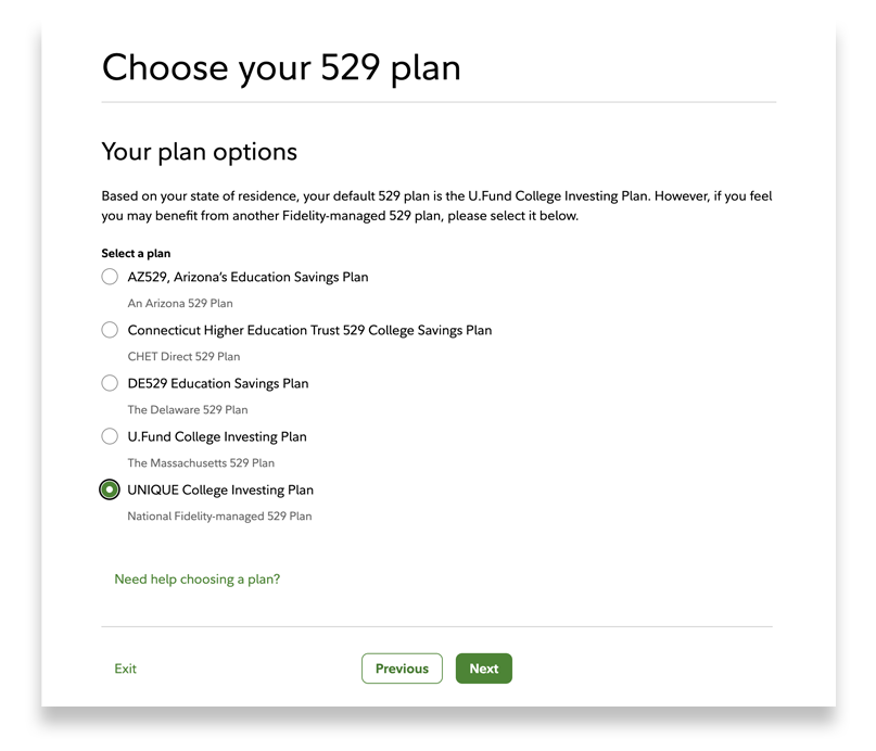 The Choose your 529 plan section that gives the various plan options, highlighting the  Unique College Investing Plan.