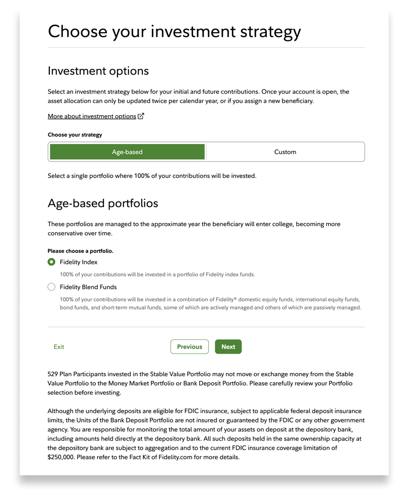 The Choose your investment strategy section with options and portfolios to select. The Age-based strategy and Fidelity Index portfolio are highlighted.