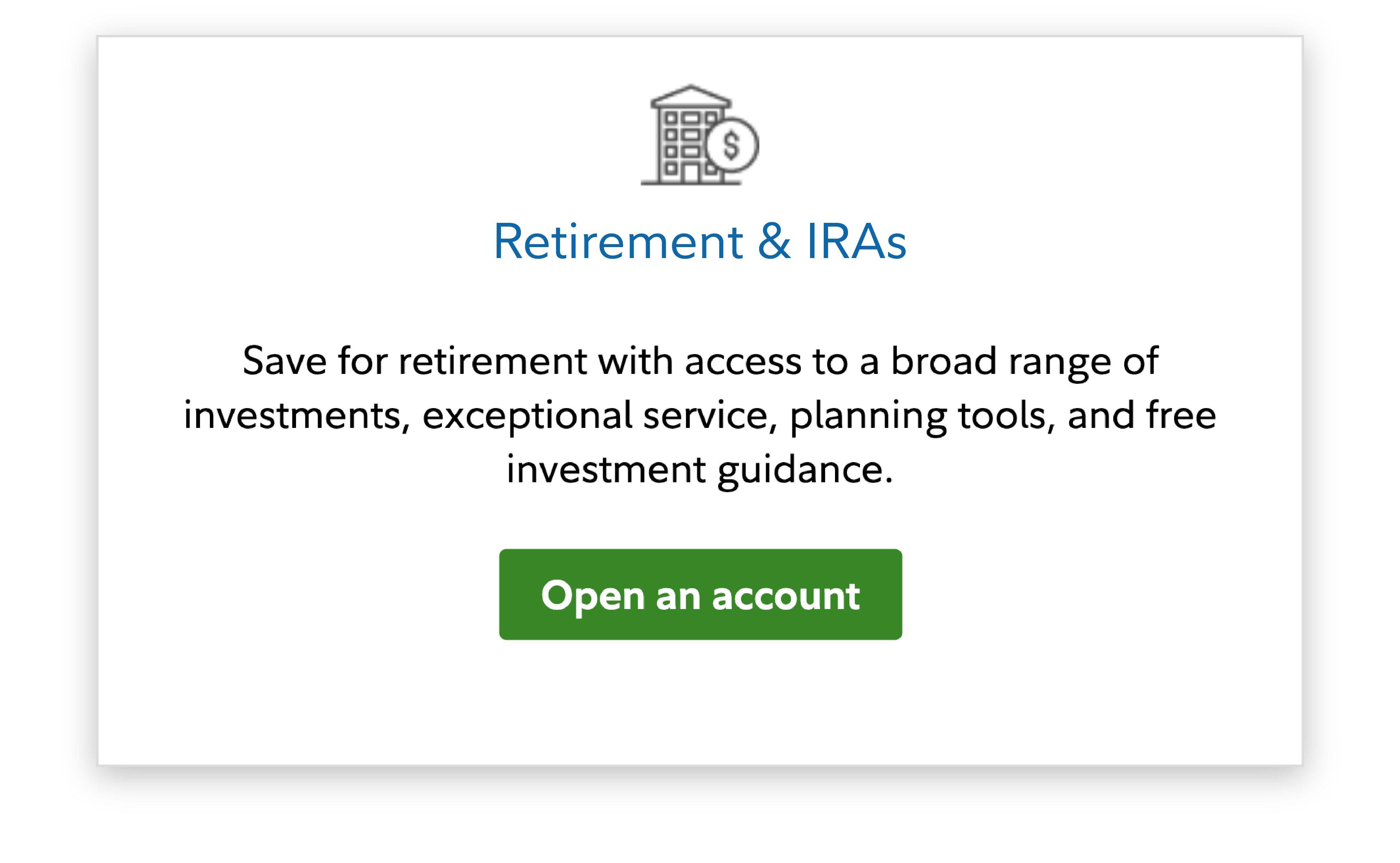 Retirement & IRAs section on Fidelity.com, highlighting the "Open an account" button and descriptions of retirement account options.