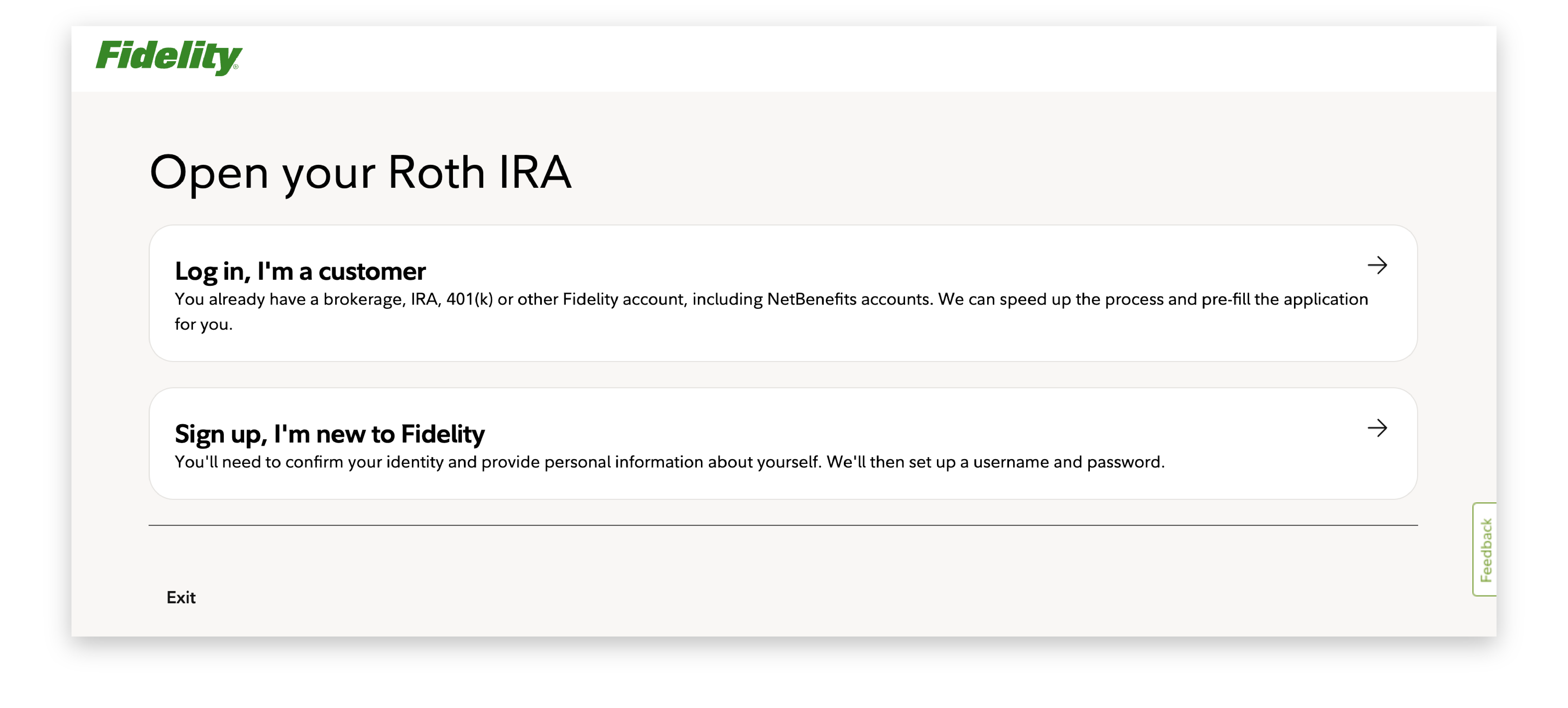 Fidelity prompt asking, " Are you already a Fidelity customer?" with Yes and No selection buttons.