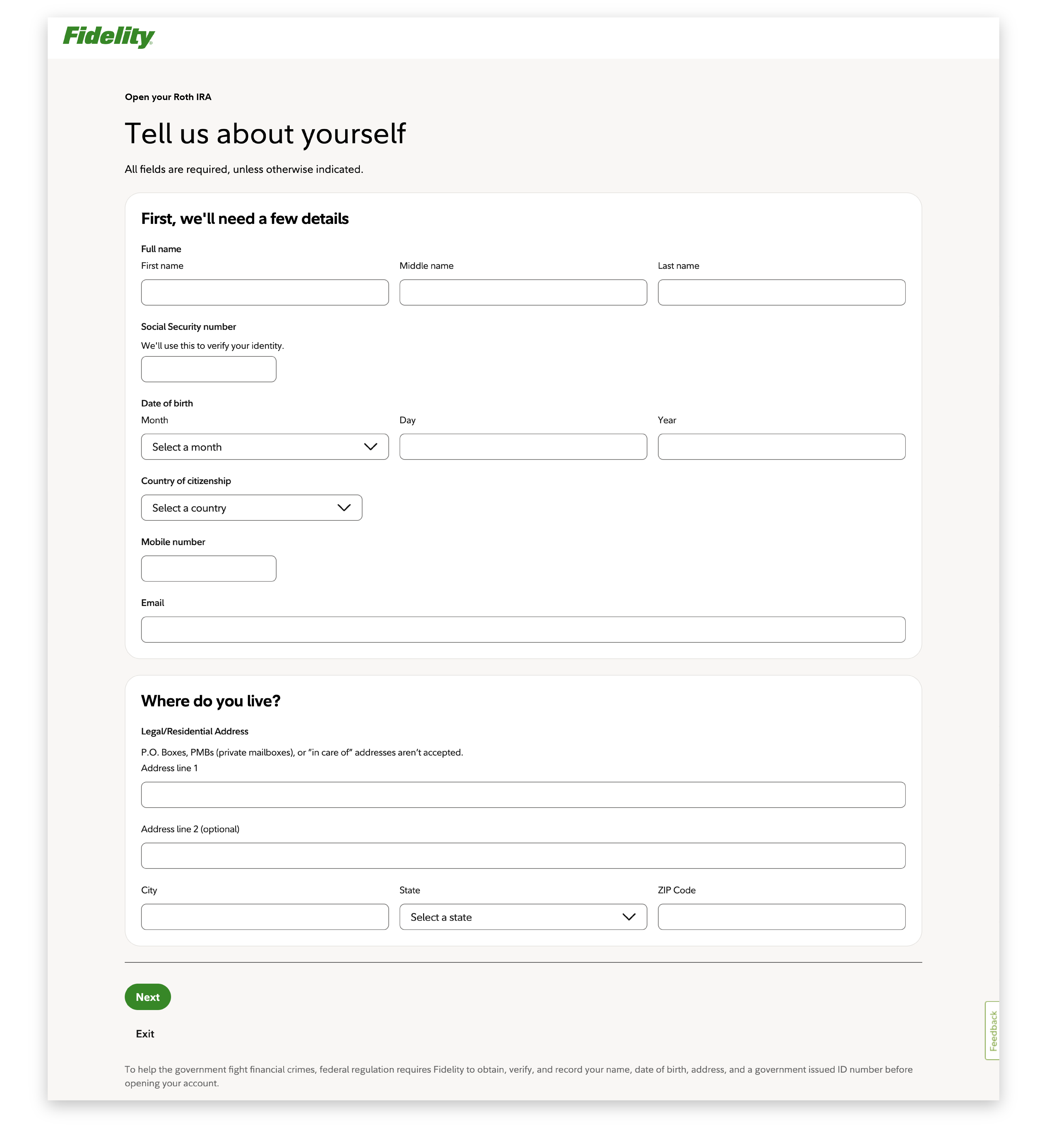 Form requesting personal information including name, Social Security number, date of birth, and contact details.