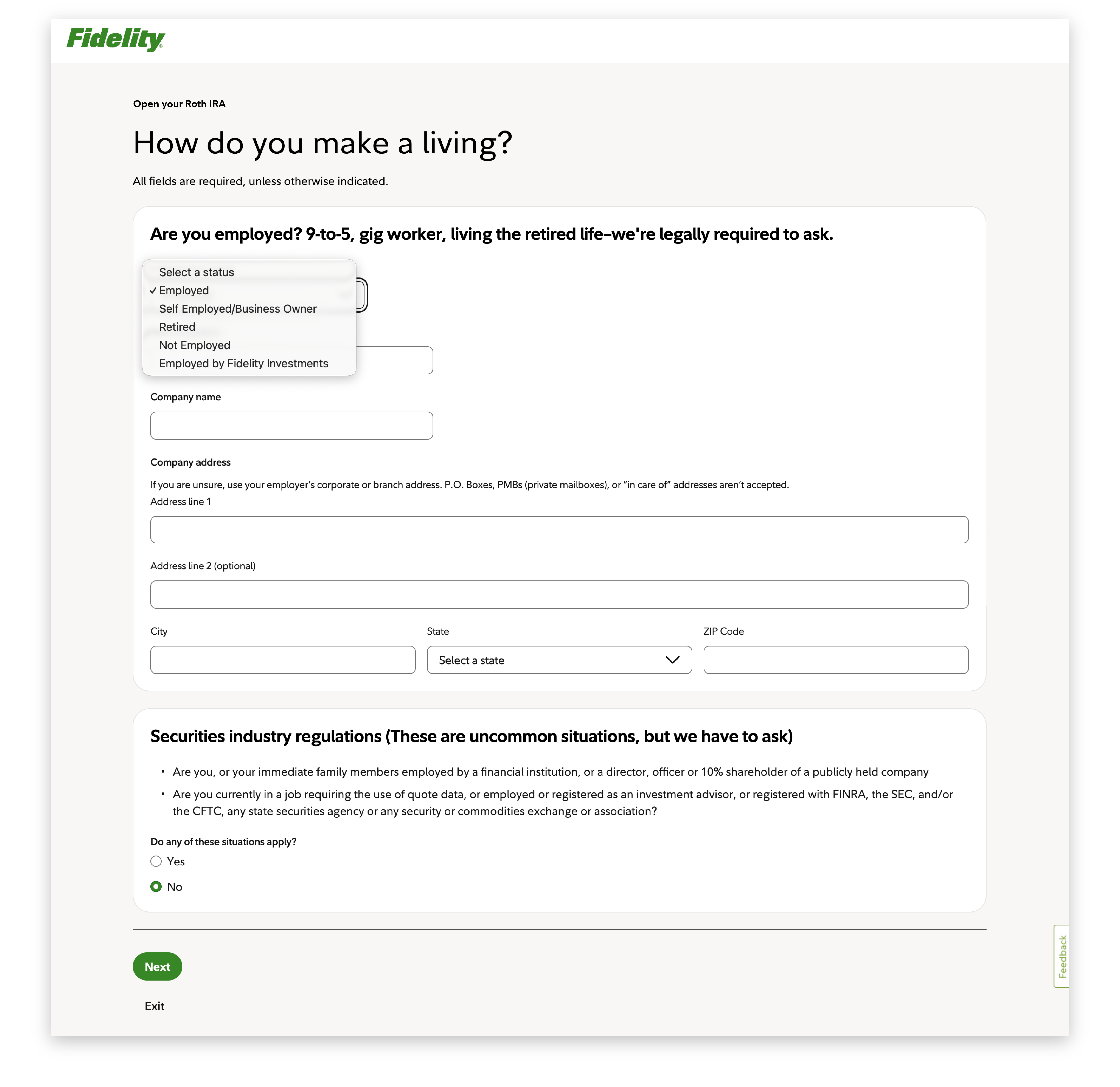 Employment information section, asking about employment status and regulatory disclosures related to the financial industry.